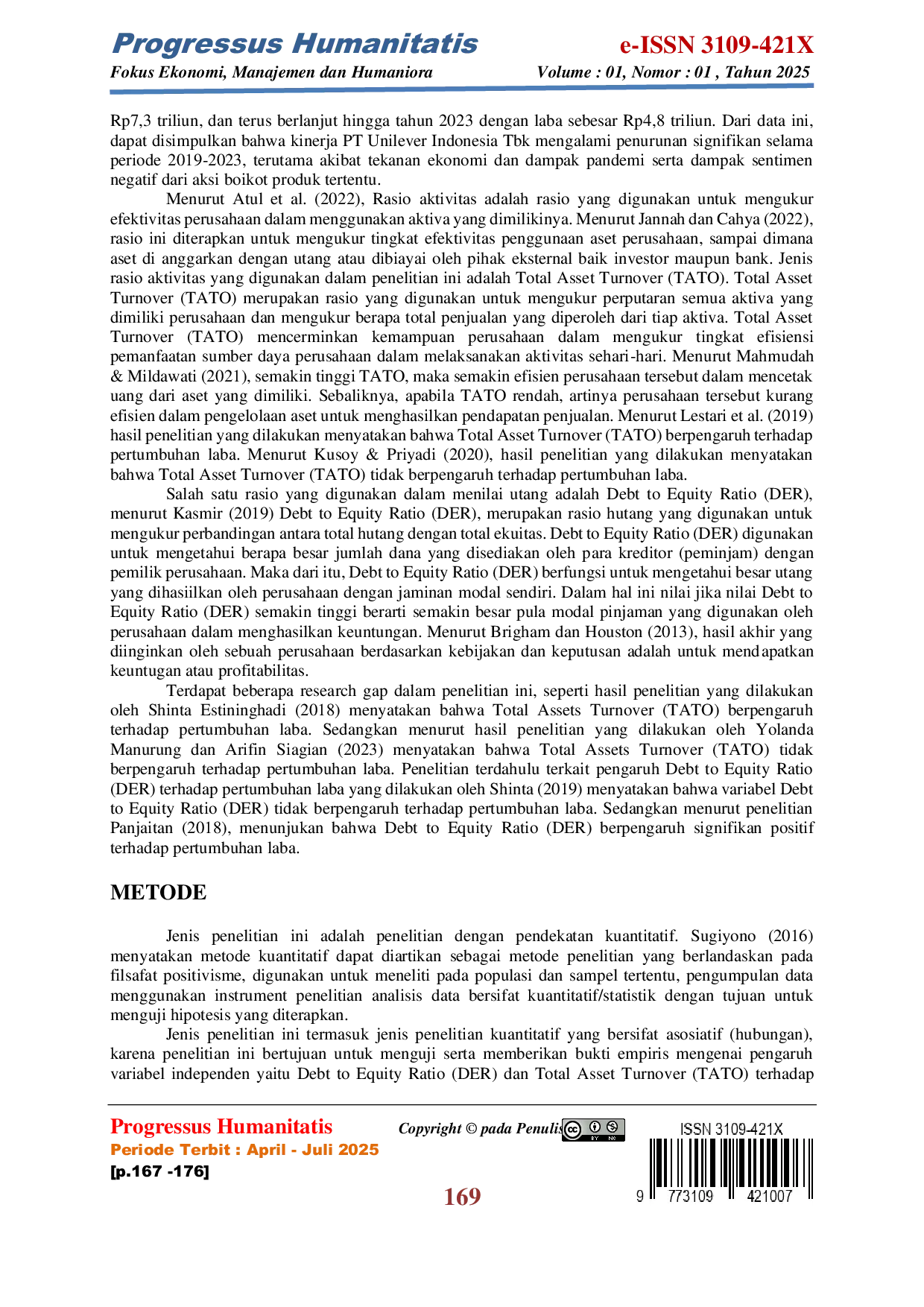 JURIS Pengaruh DER dan TATO terhadap Pertumbuhan Laba pada PT Unilever Indonesia Tbk Periode 2014 2023
