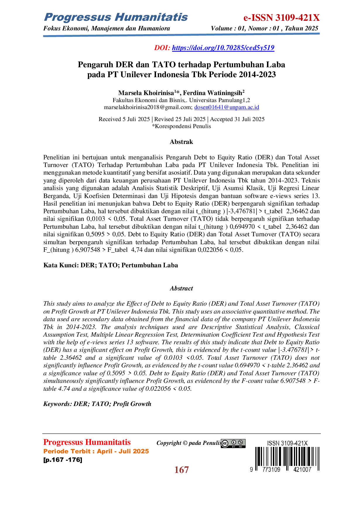 JURIS Pengaruh DER dan TATO terhadap Pertumbuhan Laba pada PT Unilever Indonesia Tbk Periode 2014 2023