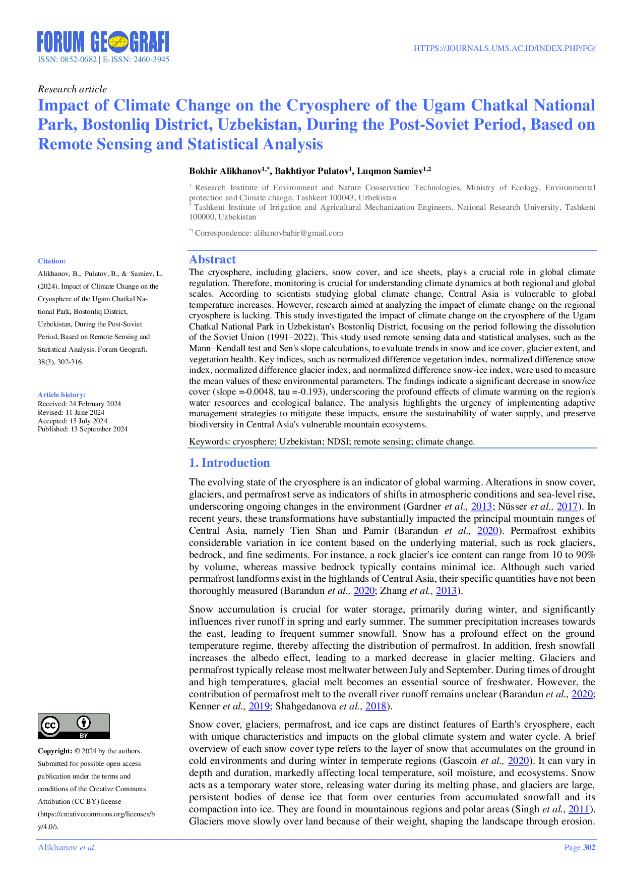 JURIS Impact of Climate Change on the Cryosphere of the Ugam Chatkal National Park Bostonliq District Uzbekistan During the Post Soviet Period Based on Remote Sensing and Statistical Analysis