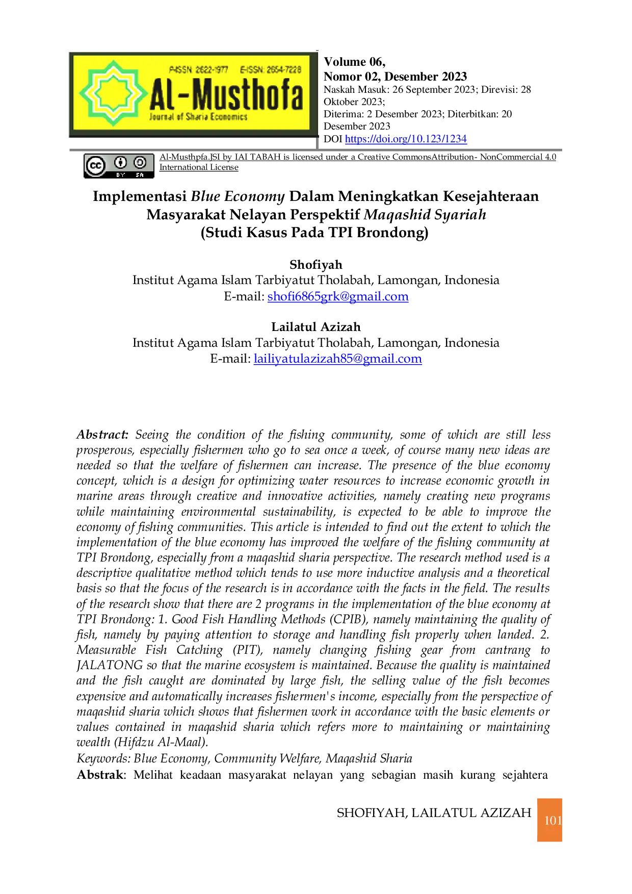 JURIS Implementasi Blue Economy Dalam Meningkatkan Kesejahteraan Masyarakat Nelayan Perspektif Maqashid Syariah Studi Kasus Pada TPI Brondong