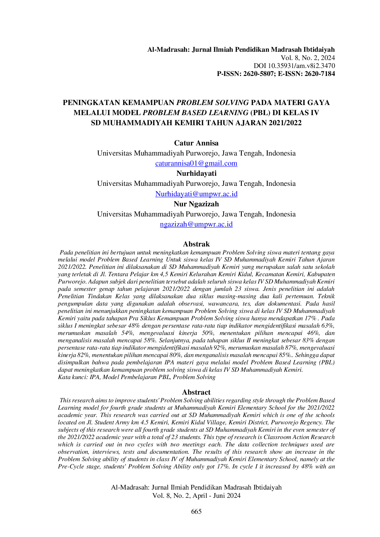 JURIS Peningkatan Kemampuan Problem Solving Pada Materi Gaya Melalui Model Problem Based Learning Pbl Di Kelas Iv Sd Muhammadiyah Kemiri Tahun Ajaran 2021 2022