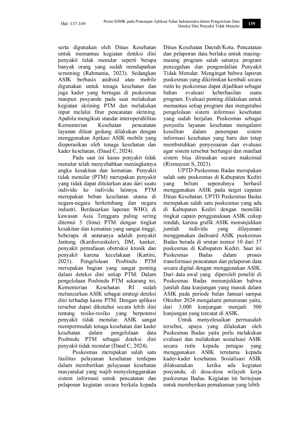 JURIS Peran SDMK Pada Penerapan Aplikasi Sehat Indonesiaku Dalam Pengelolaan Data Deteksi Dini Penyakit Tidak Menular