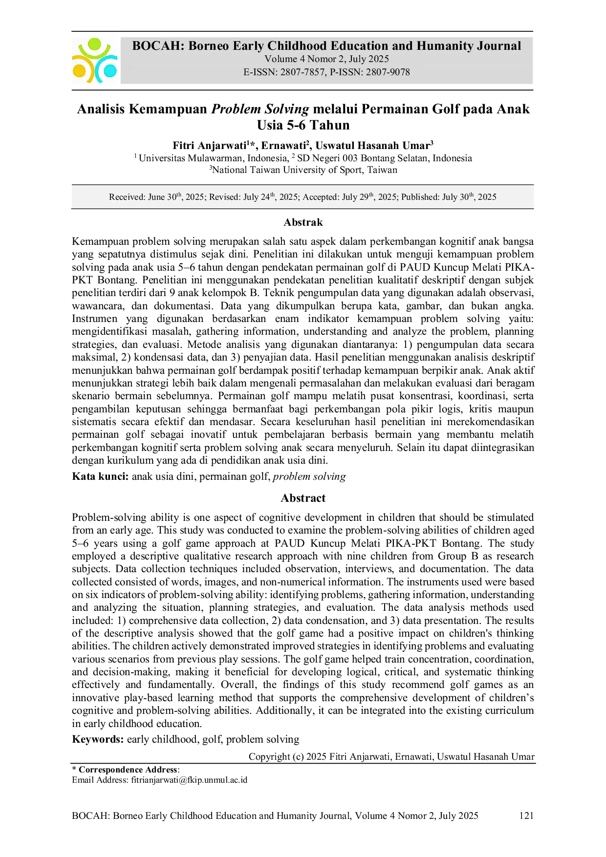JURIS Analisis Kemampuan Problem Solving melalui Permainan Golf pada Anak Usia 5 6 Tahun