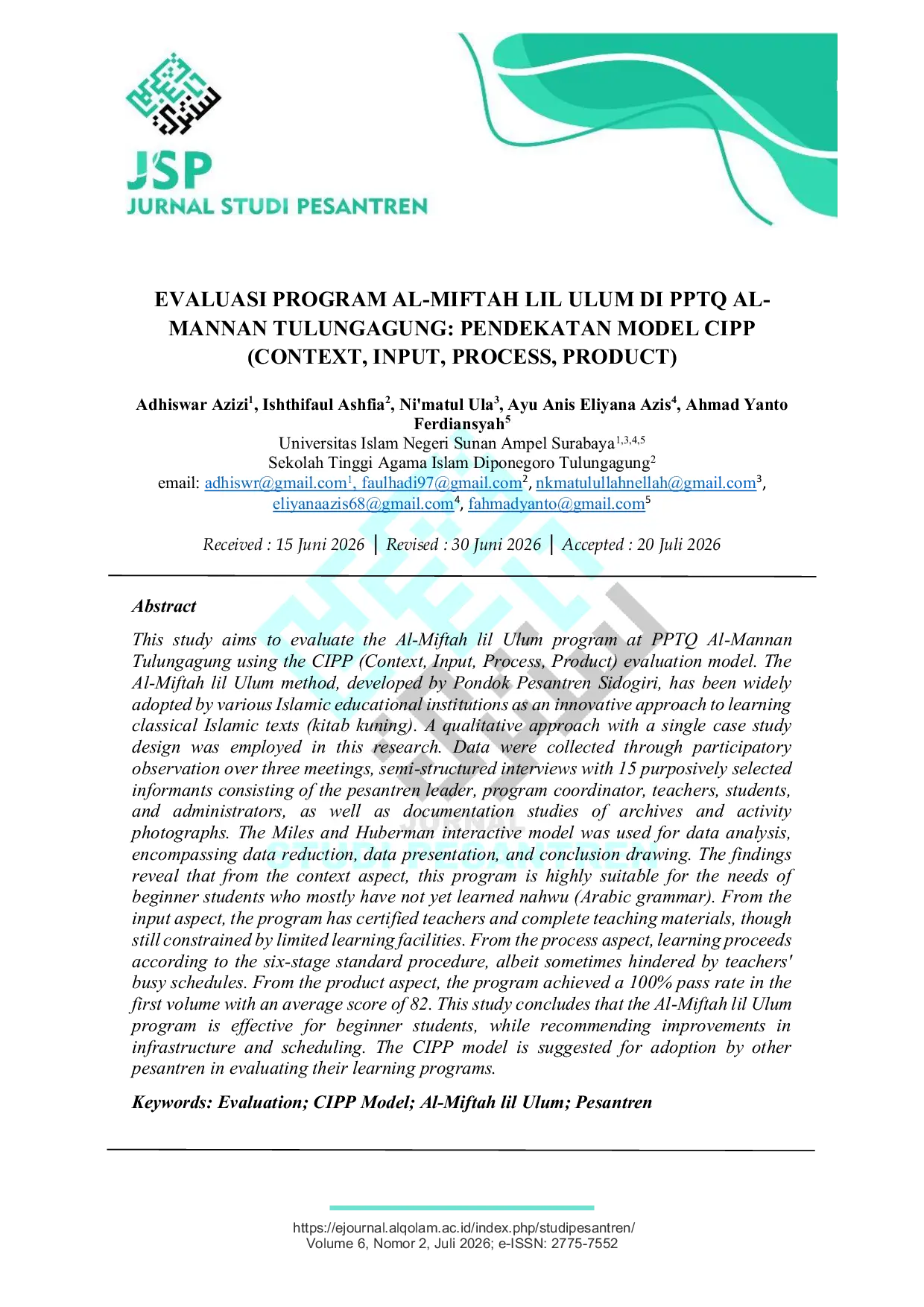 JURIS Evaluation of the Al Miftah Lil Ulum Program at PPTQ Al Mannan Tulungagung The CIPP Model Context Input Process Product
