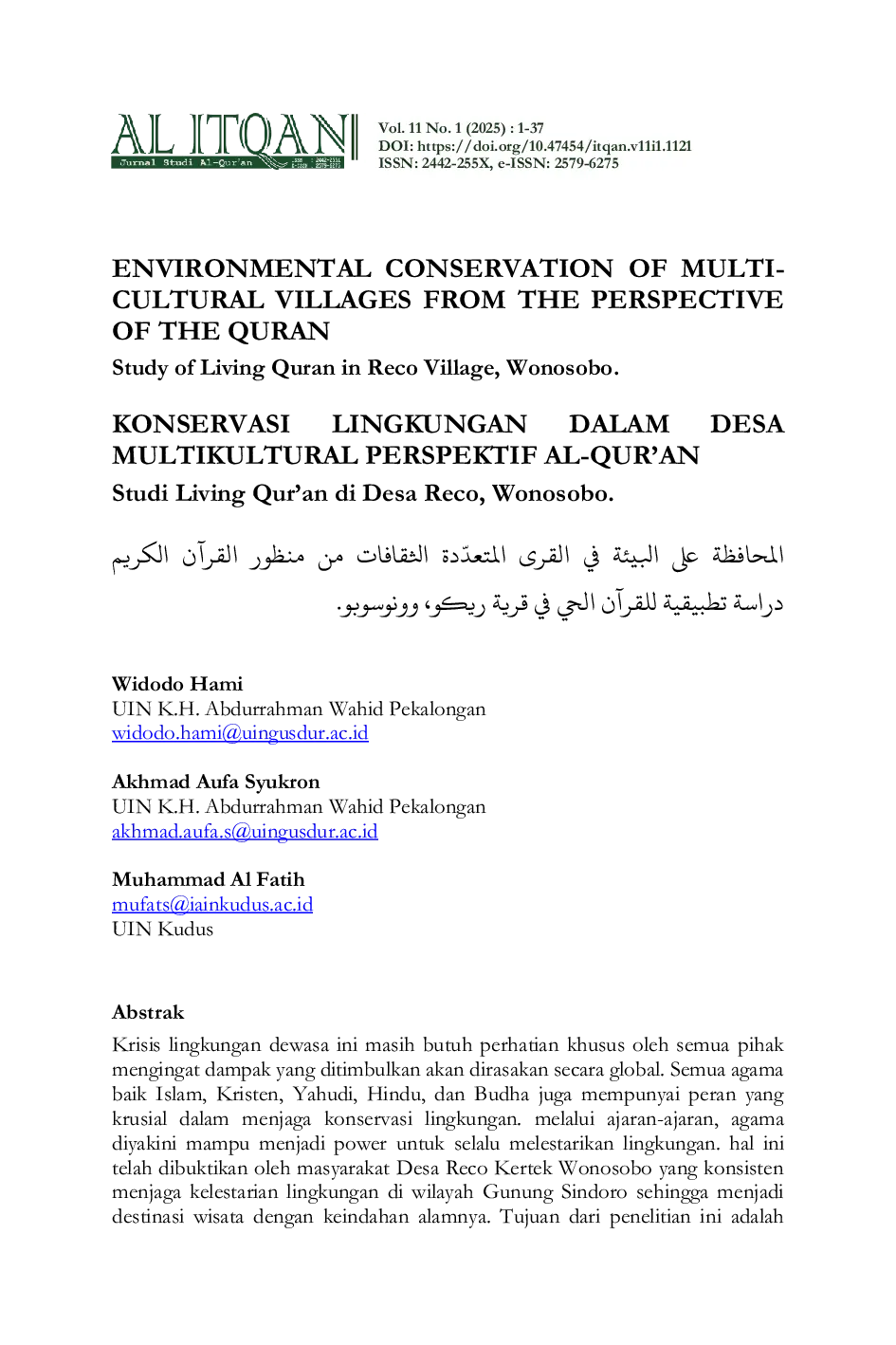 JURIS ENVIRONMENTAL CONSERVATION OF MULTI CULTURAL VILLAGES FROM THE PERSPECTIVE OF THE QURAN Study of Living Quran in Reco Village Wonosobo