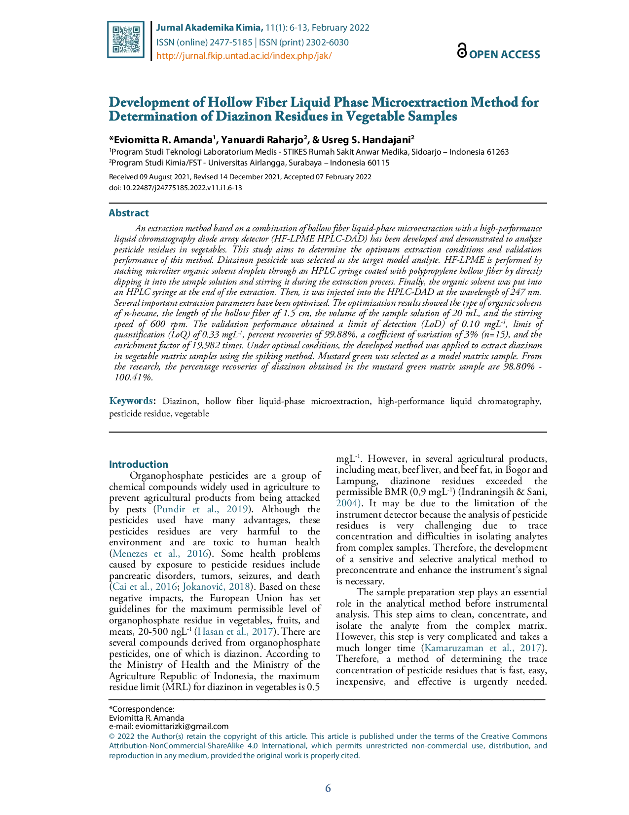 juris Development of Hollow Fiber Liquid Phase Microextraction Method for Determination of Diazinon Residues in Vegetable Samples