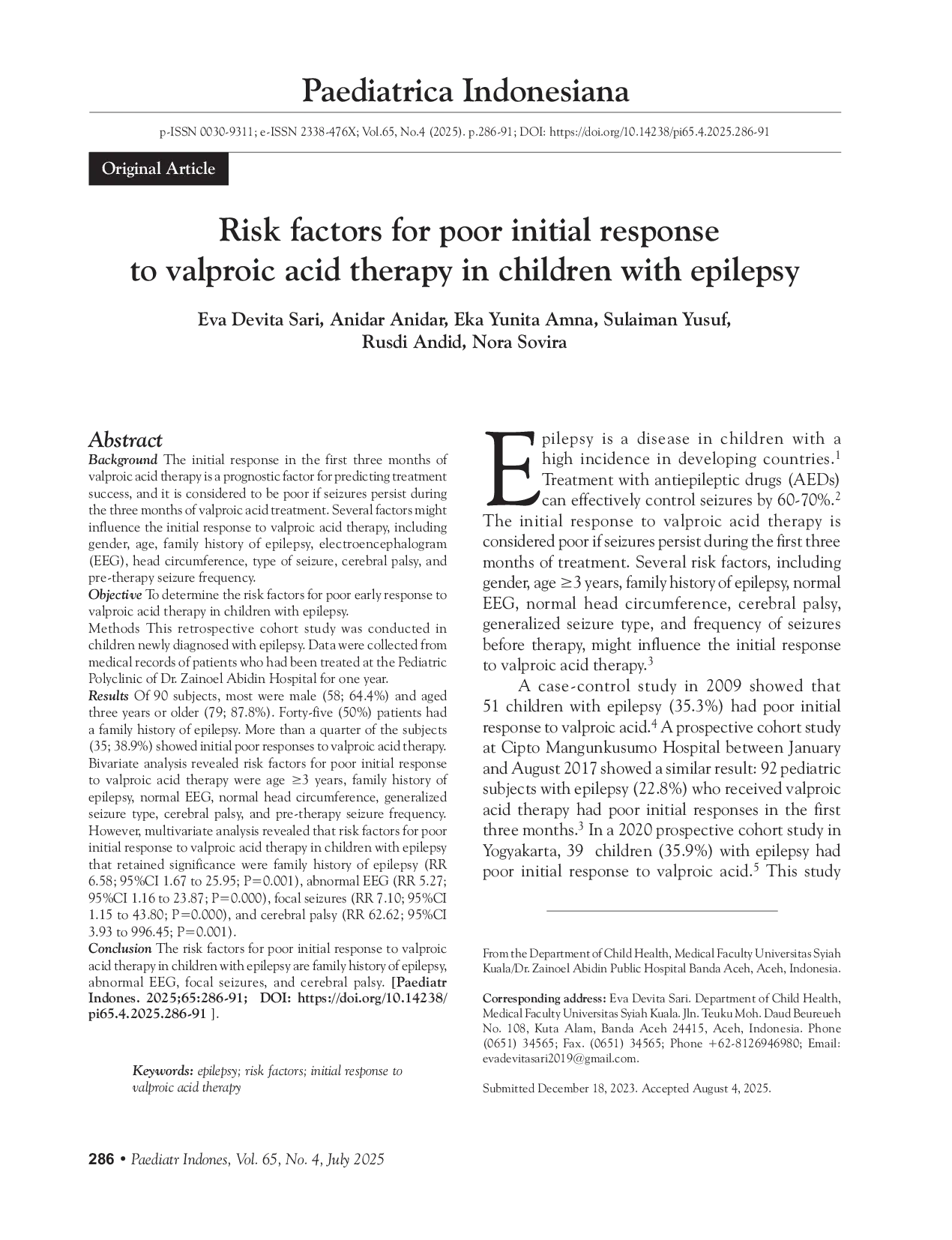 JURIS Risk factors for poor initial response to valproic acid therapy in children with epilepsy