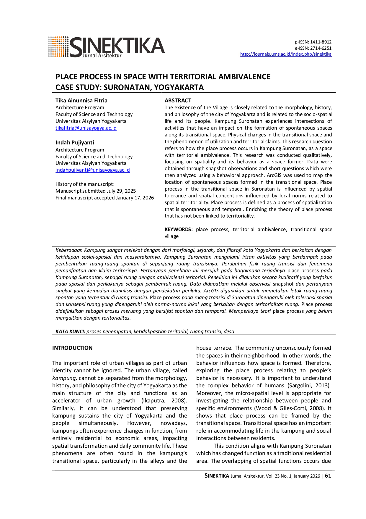 JURIS Place Process in Space with Territorial Ambivalence Case Study Suronatan Yogyakarta