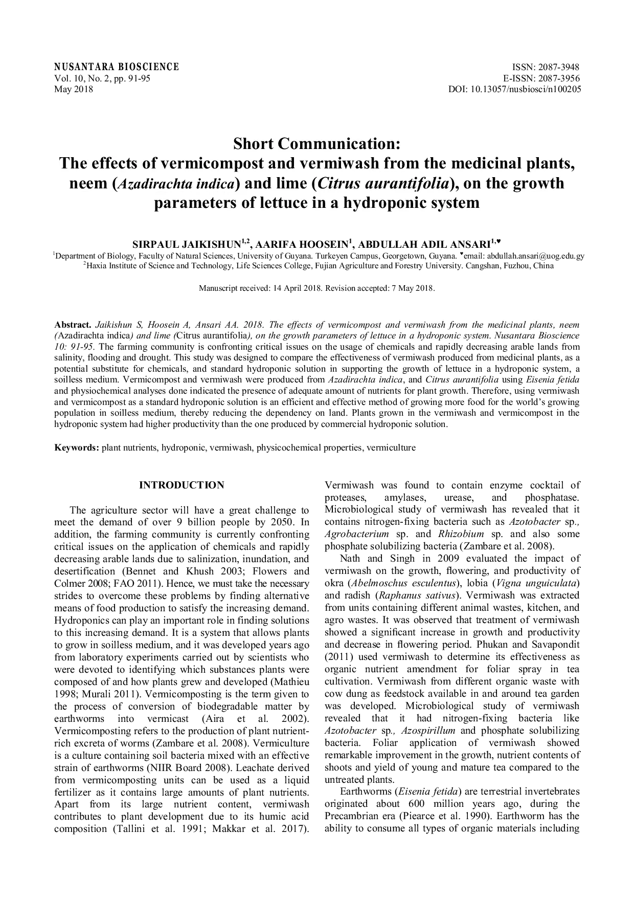 JURIS Short Communication The effects of vermicompost and vermiwash from the medicinal plants neem Azadirachta indica and lime Citrus aurantifolia on the growth parameters of lettuce in a hydroponic