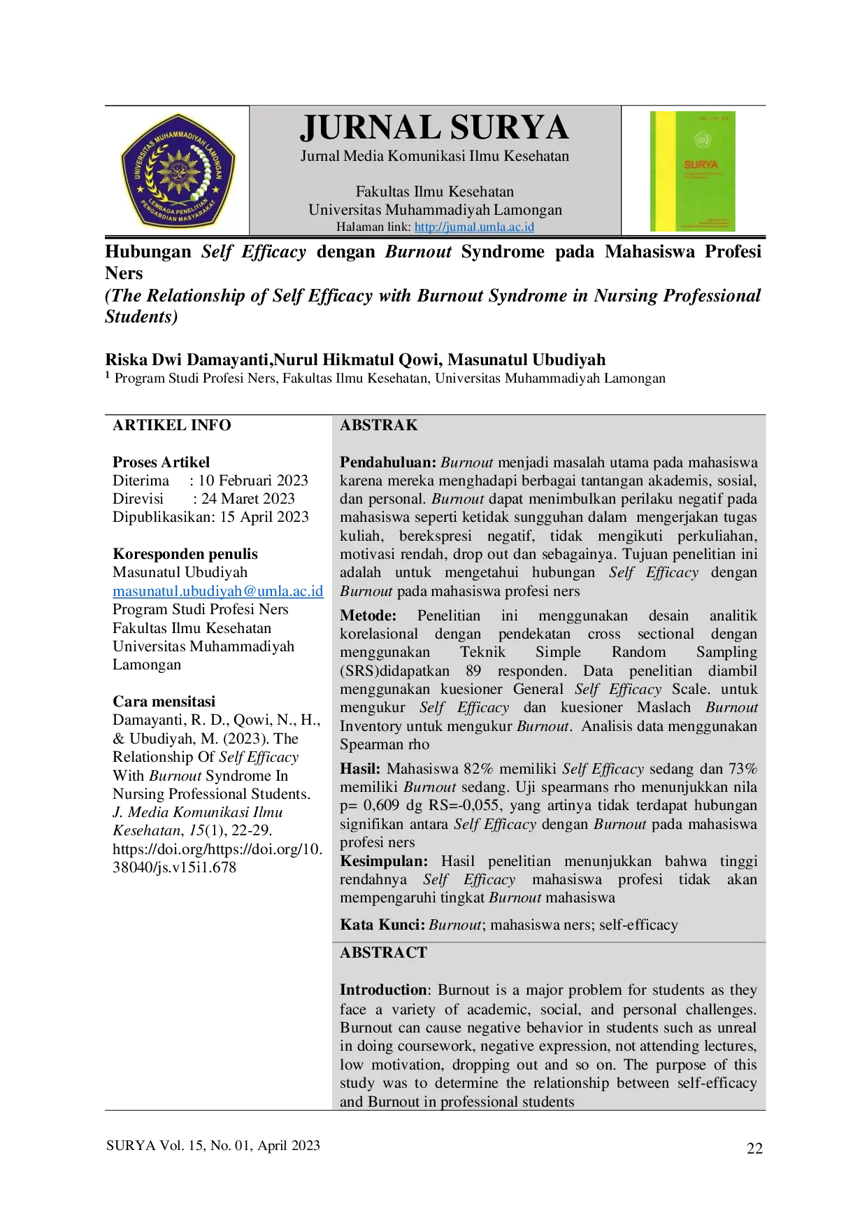 JURIS The Relationship of Self Efficacy with Burnout Syndrome in Nursing Professional Students