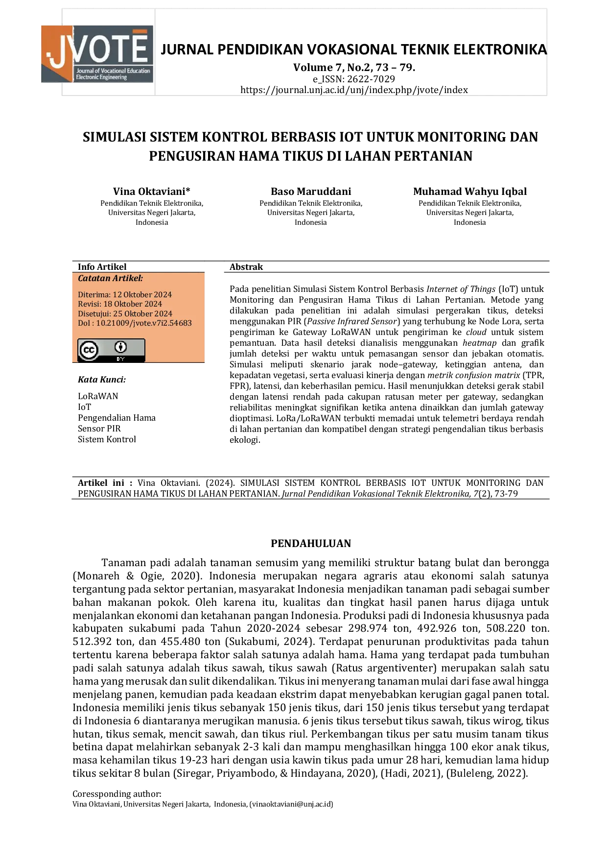JURIS Simulasi Sistem Kontrol Berbasis IoT untuk Monitoring dan Pengusiran Hama Tikus di Lahan Pertanian