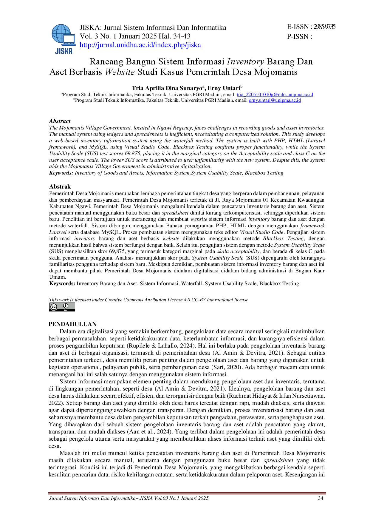 juris Rancang Bangun Sistem Informasi Inventory Barang Dan Aset Berbasis Website Studi Kasus Pemerintah Desa Mojomanis