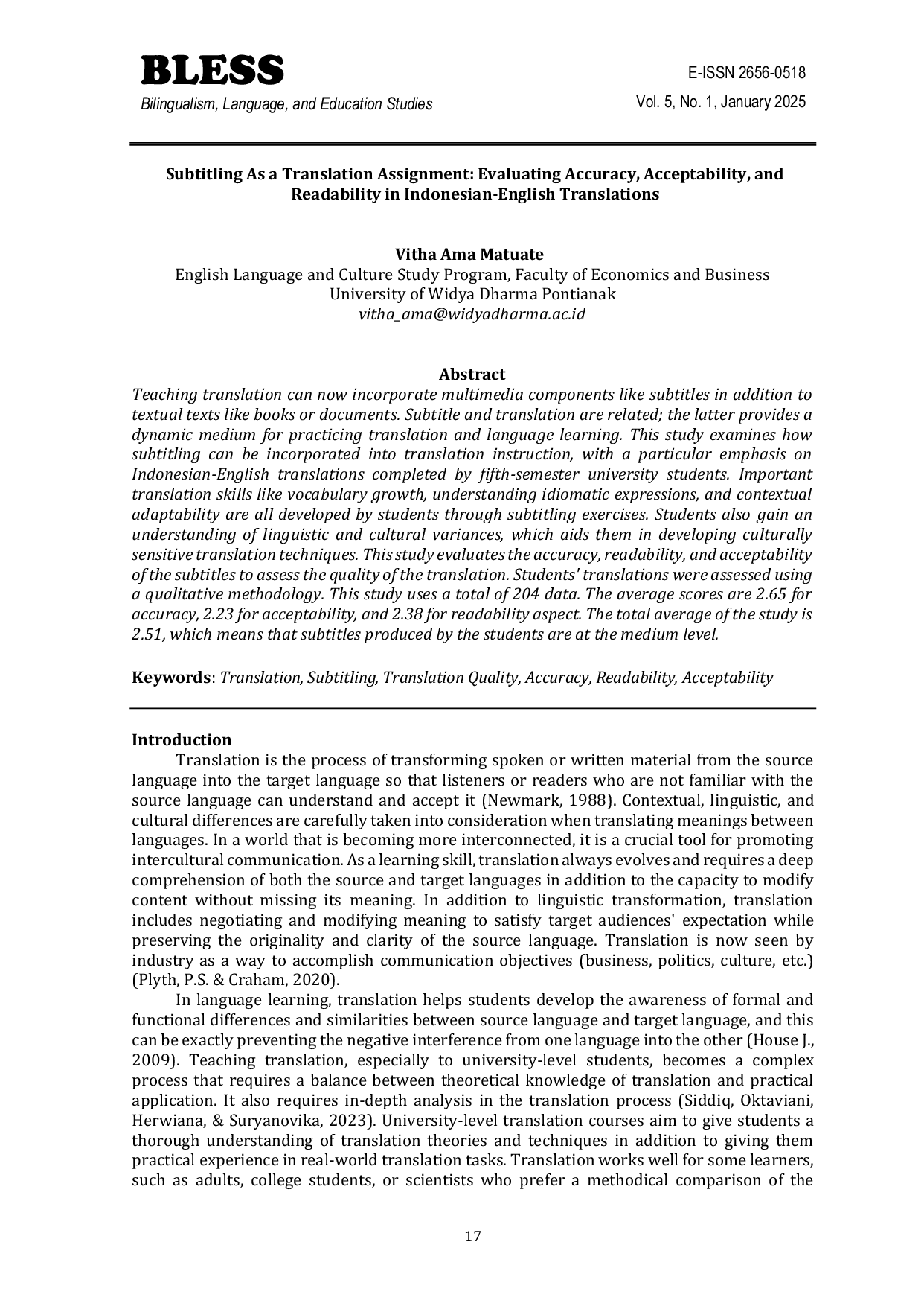 JURIS Subtitling As a Translation Assignment Evaluating Accuracy Acceptability and Readability in Indonesian English Translations