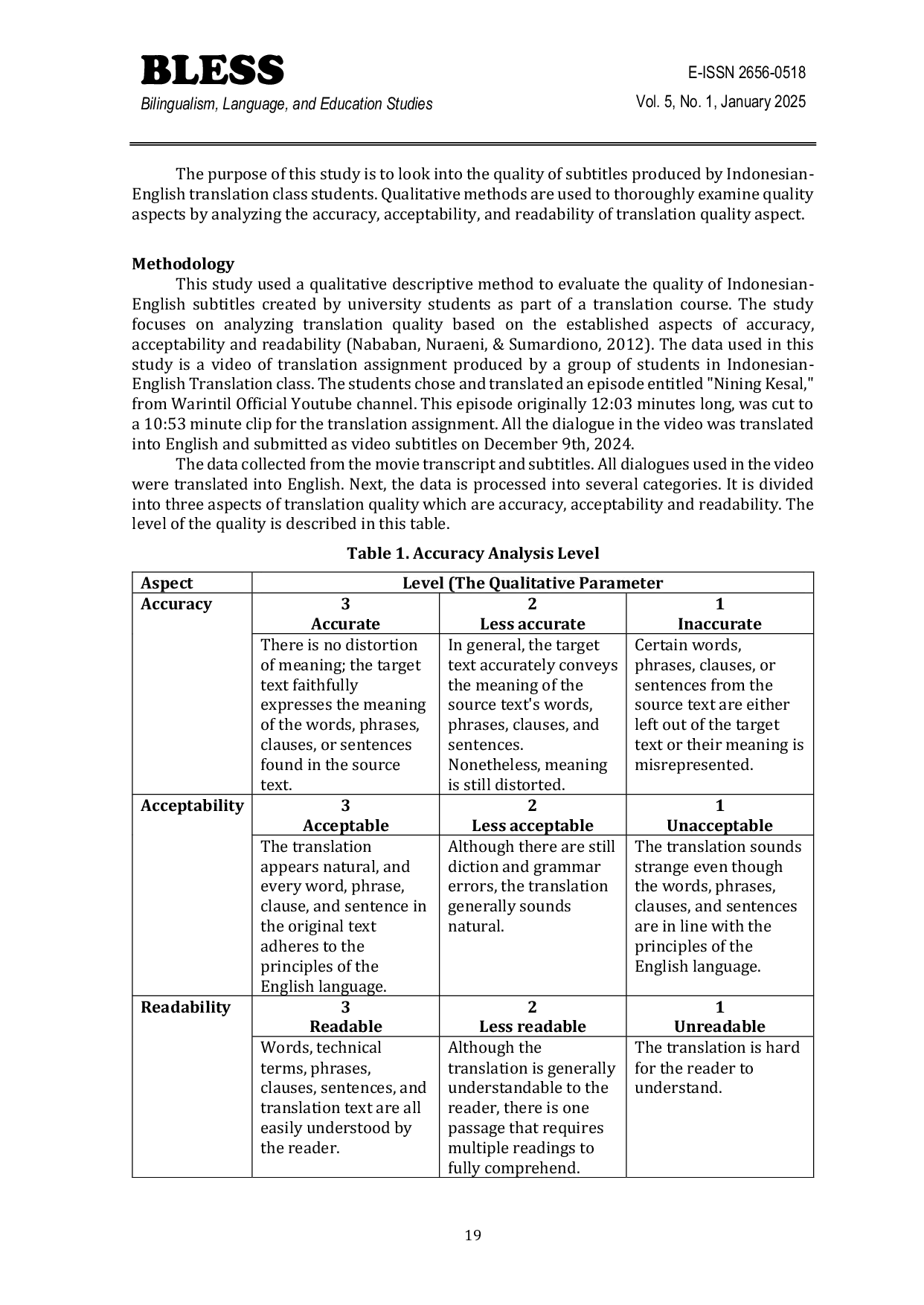 JURIS Subtitling As a Translation Assignment Evaluating Accuracy Acceptability and Readability in Indonesian English Translations