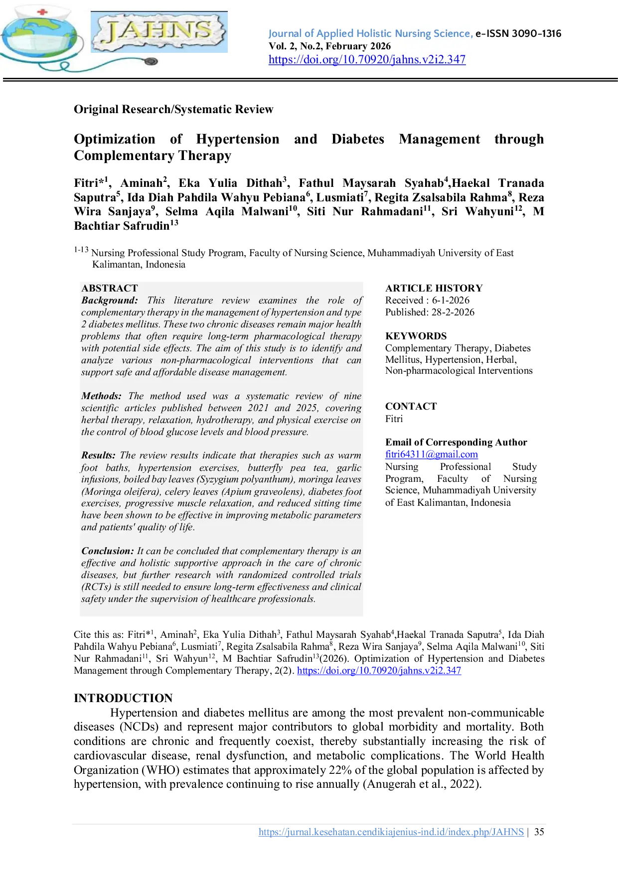 JURIS Optimization of Hypertension and Diabetes Management Through Complementary Therapy