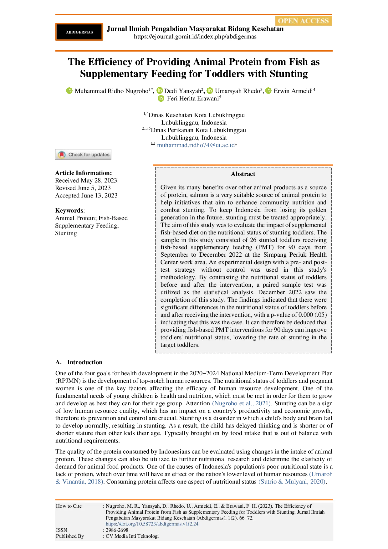 juris The Efficiency of Providing Animal Protein from Fish as Supplementary Feeding for Toddlers with Stunting