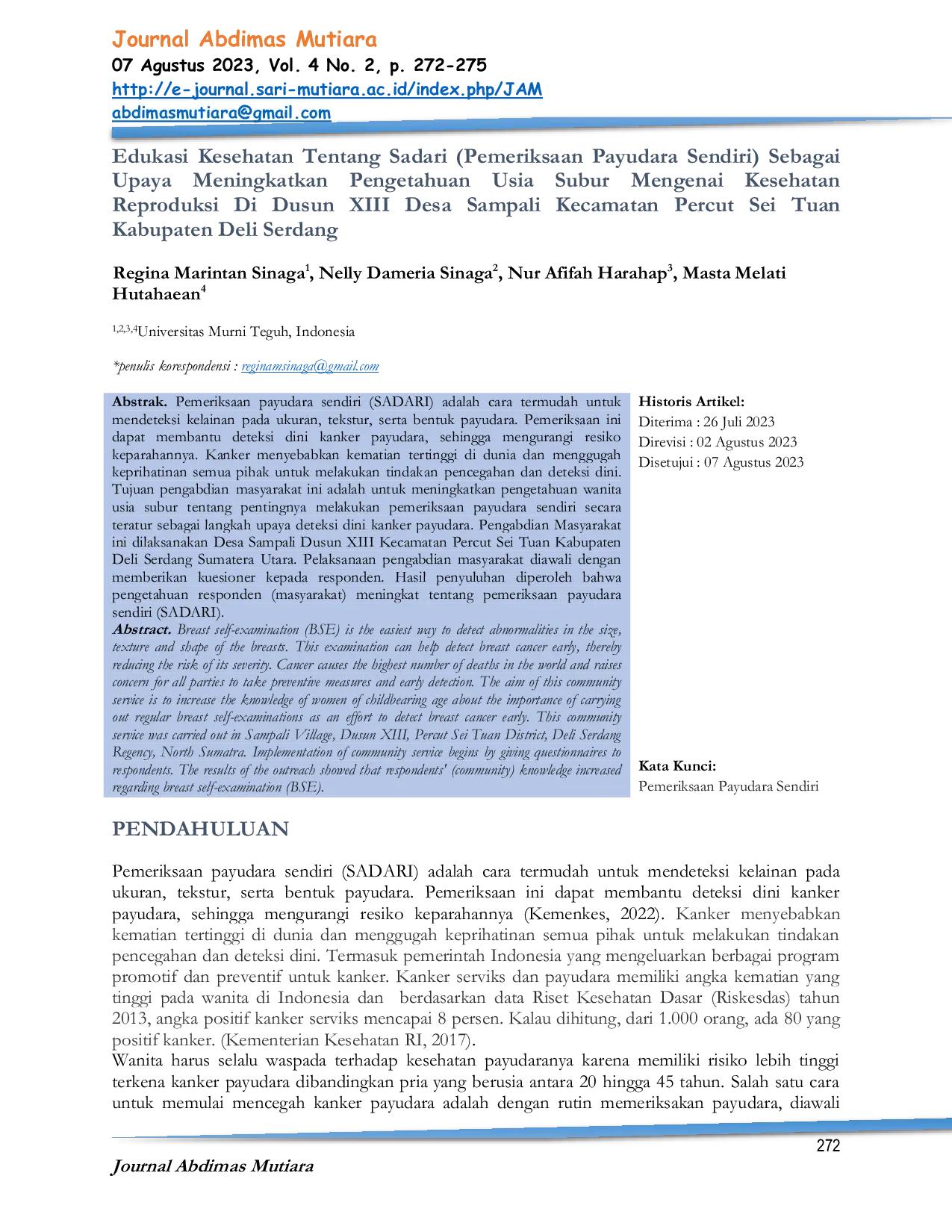 JURIS Edukasi Kesehatan Tentang Sadari Pemeriksaan Payudara Sendiri Sebagai Upaya Meningkatkan Pengetahuan Usia Subur Mengenai Kesehatan Reproduksi Di Dusun XIII Desa Sampali Kecamatan Percut Sei Tuan Kab