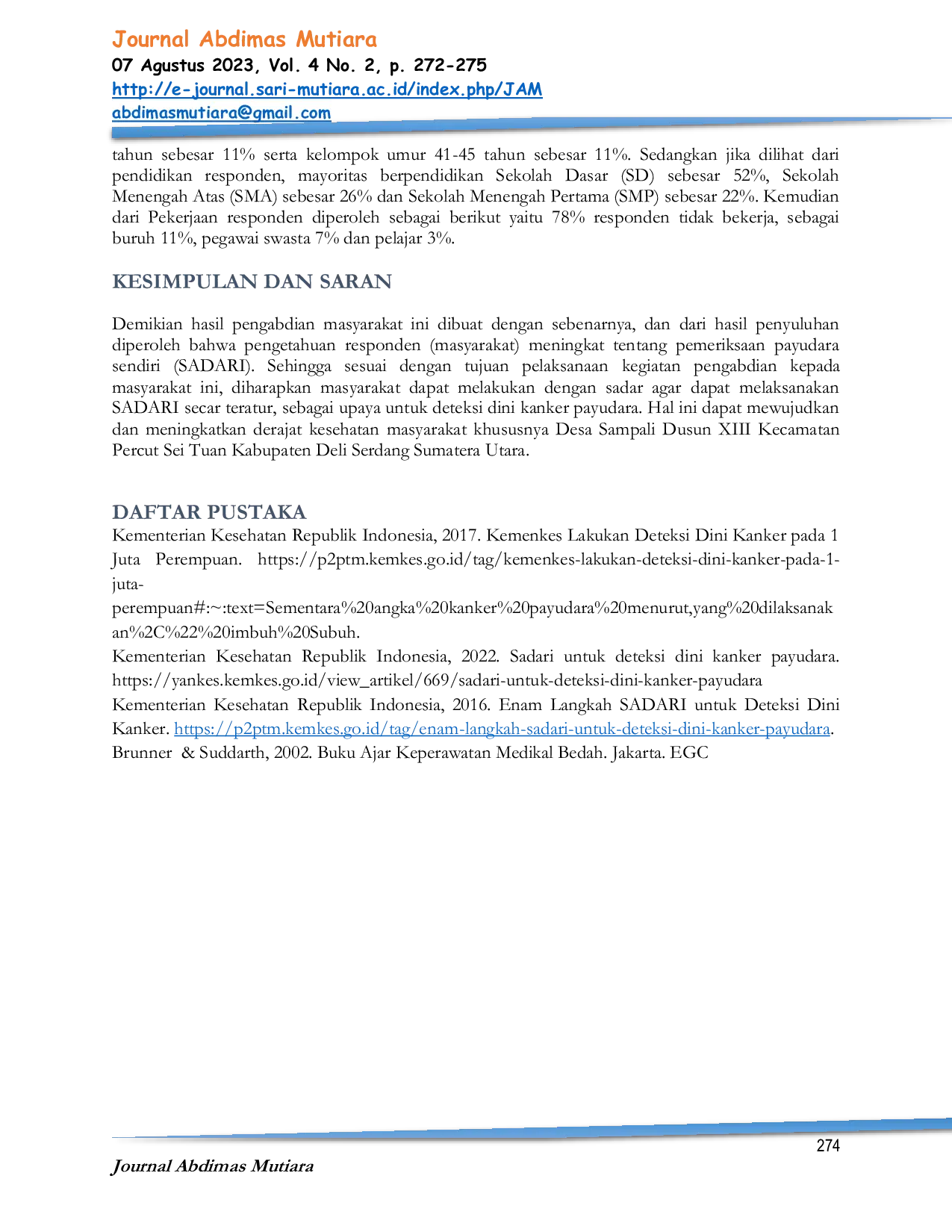 JURIS Edukasi Kesehatan Tentang Sadari Pemeriksaan Payudara Sendiri Sebagai Upaya Meningkatkan Pengetahuan Usia Subur Mengenai Kesehatan Reproduksi Di Dusun XIII Desa Sampali Kecamatan Percut Sei Tuan Kab