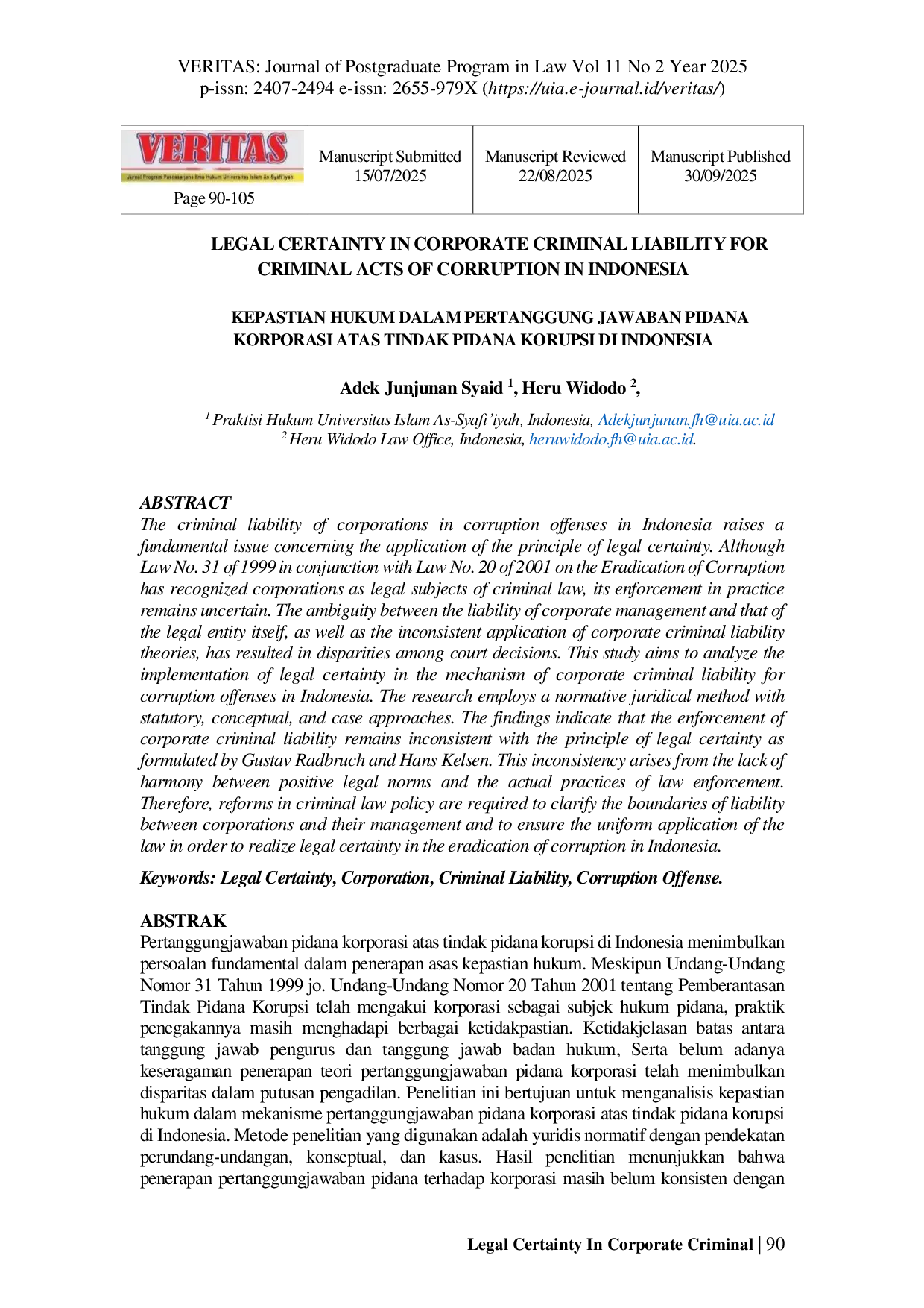JURIS Legal Certainty In Corporate Criminal Liability For Criminal Acts Of Corruption In Indonesia