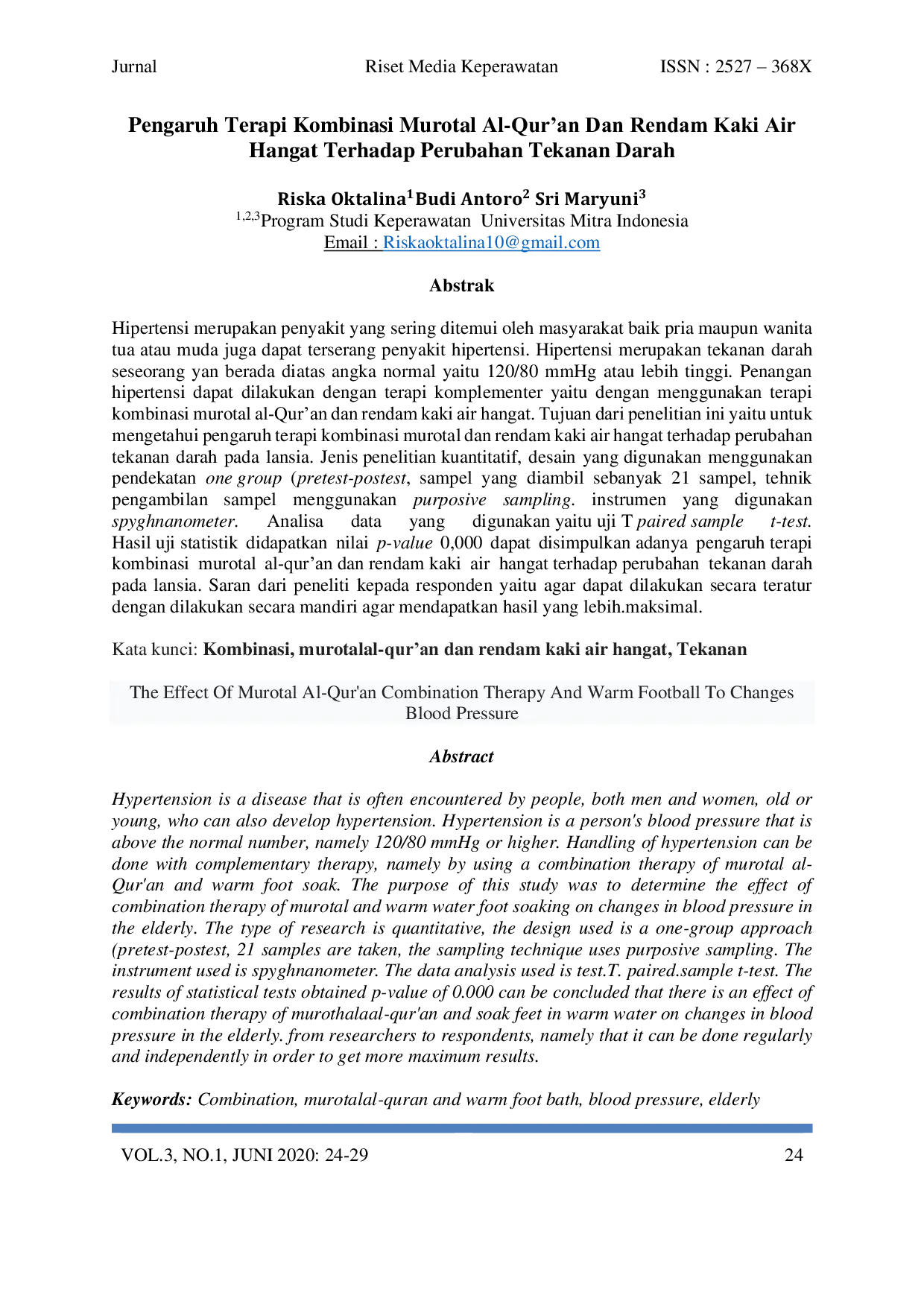 JURIS Pengaruh Terapi Kombinasi Murotal Al Qur an Dan Rendam Kaki Air Hangat Terhadap Perubahan Tekanan Darah