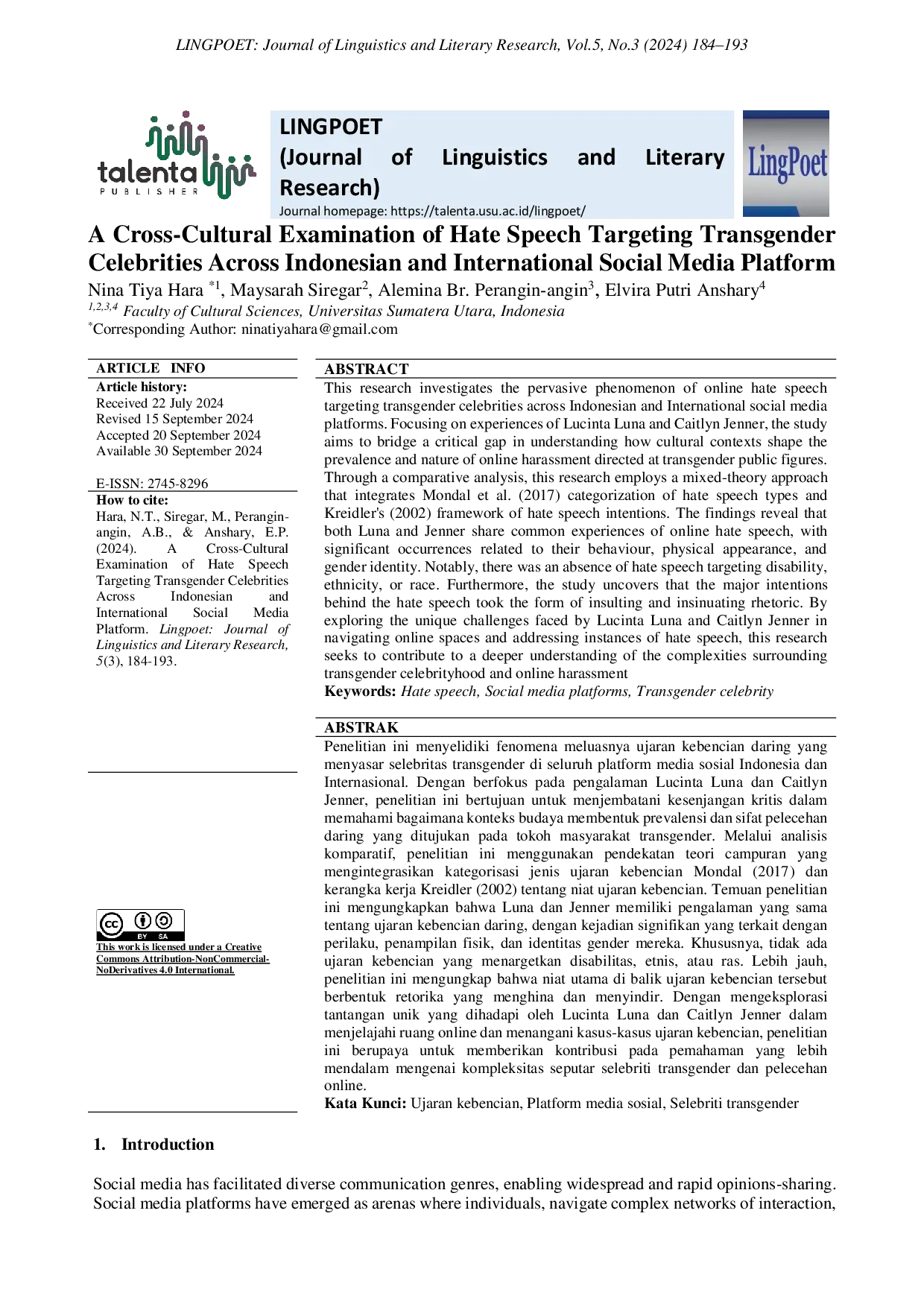 JURIS A Cross Cultural Examination of Hate Speech Targeting Transgender Celebrities Across Indonesian and International Social Media Platform