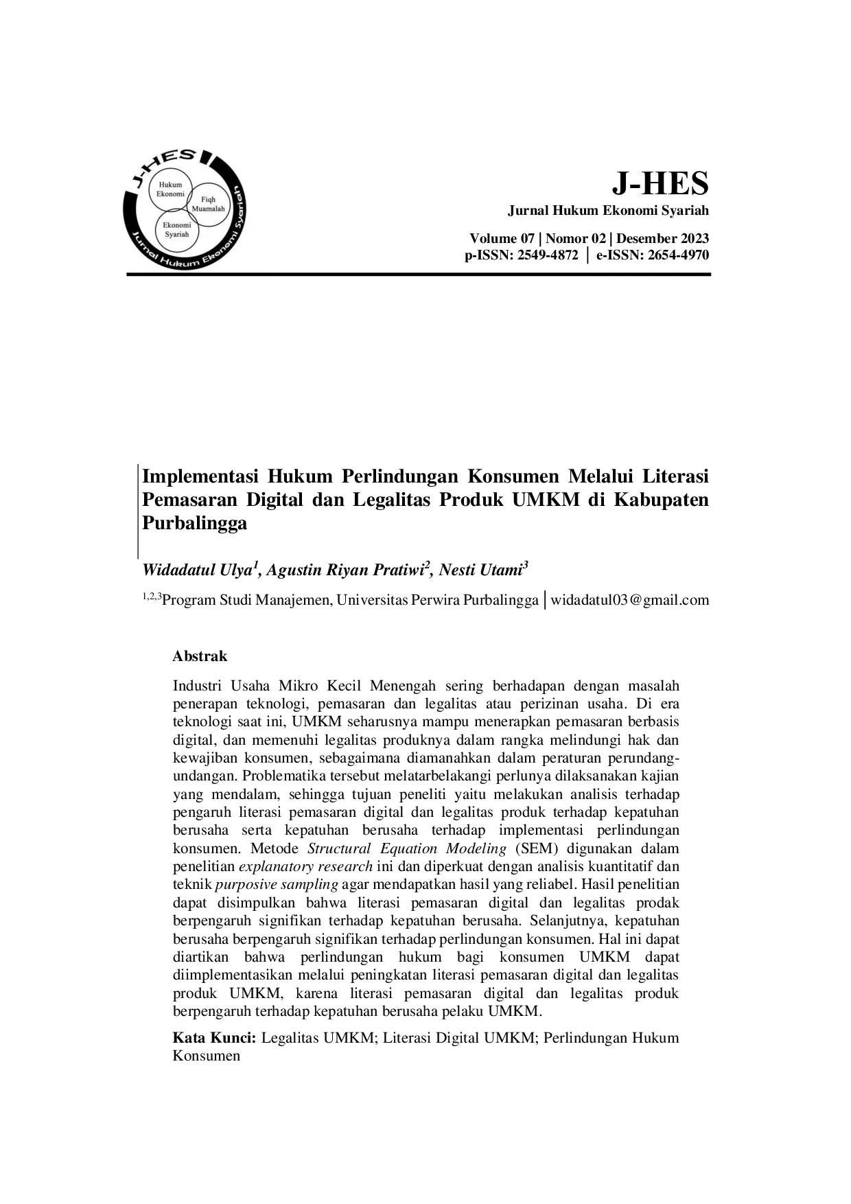 JURIS Implementasi Hukum Perlindungan Konsumen Melalui Literasi Pemasaran Digital dan Legalitas Produk UMKM di Kabupaten Purbalingga
