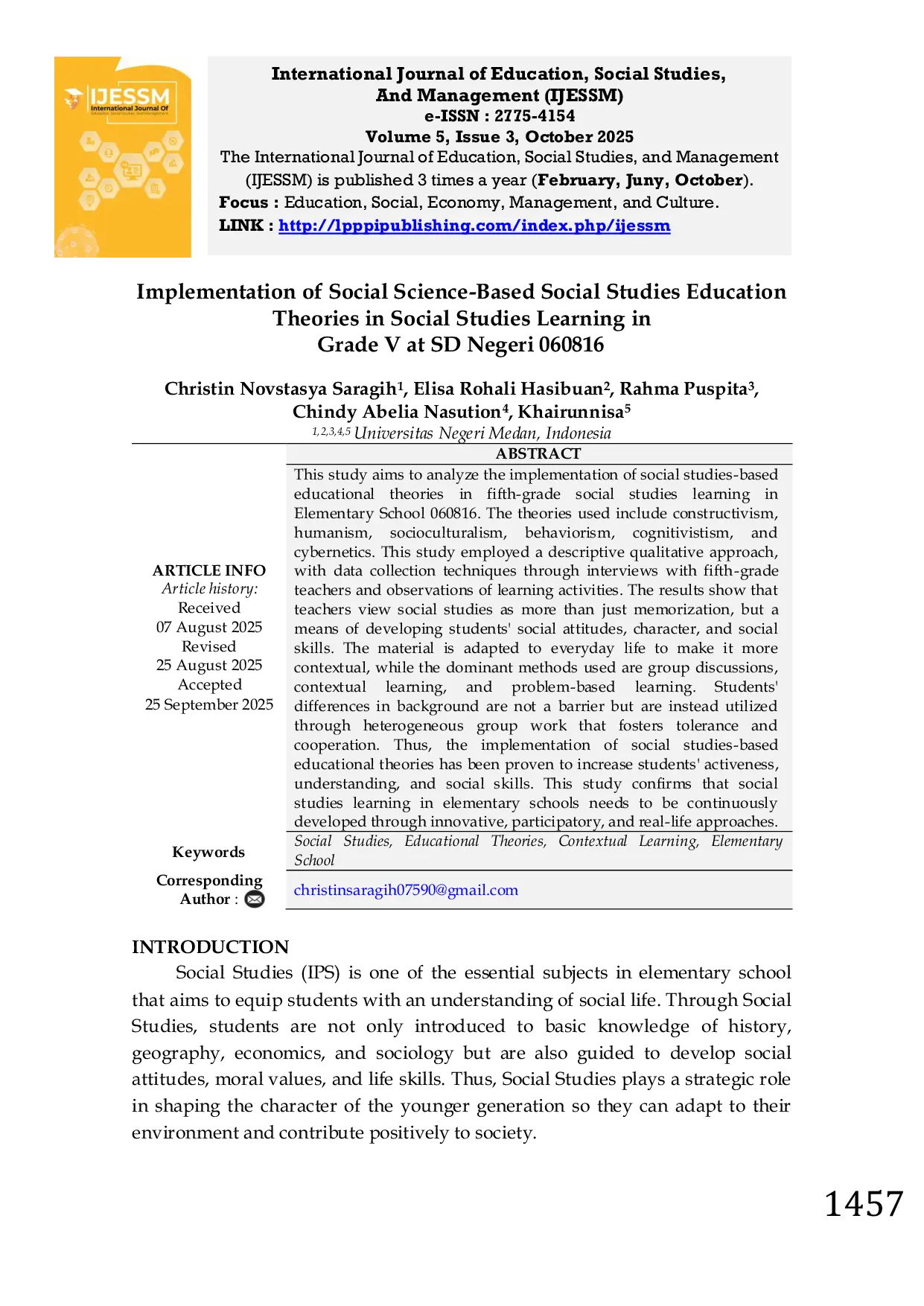 JURIS Implementation of Social Science Based Social Studies Education Theories in Social Studies Learning in Grade V at SD Negeri 060816