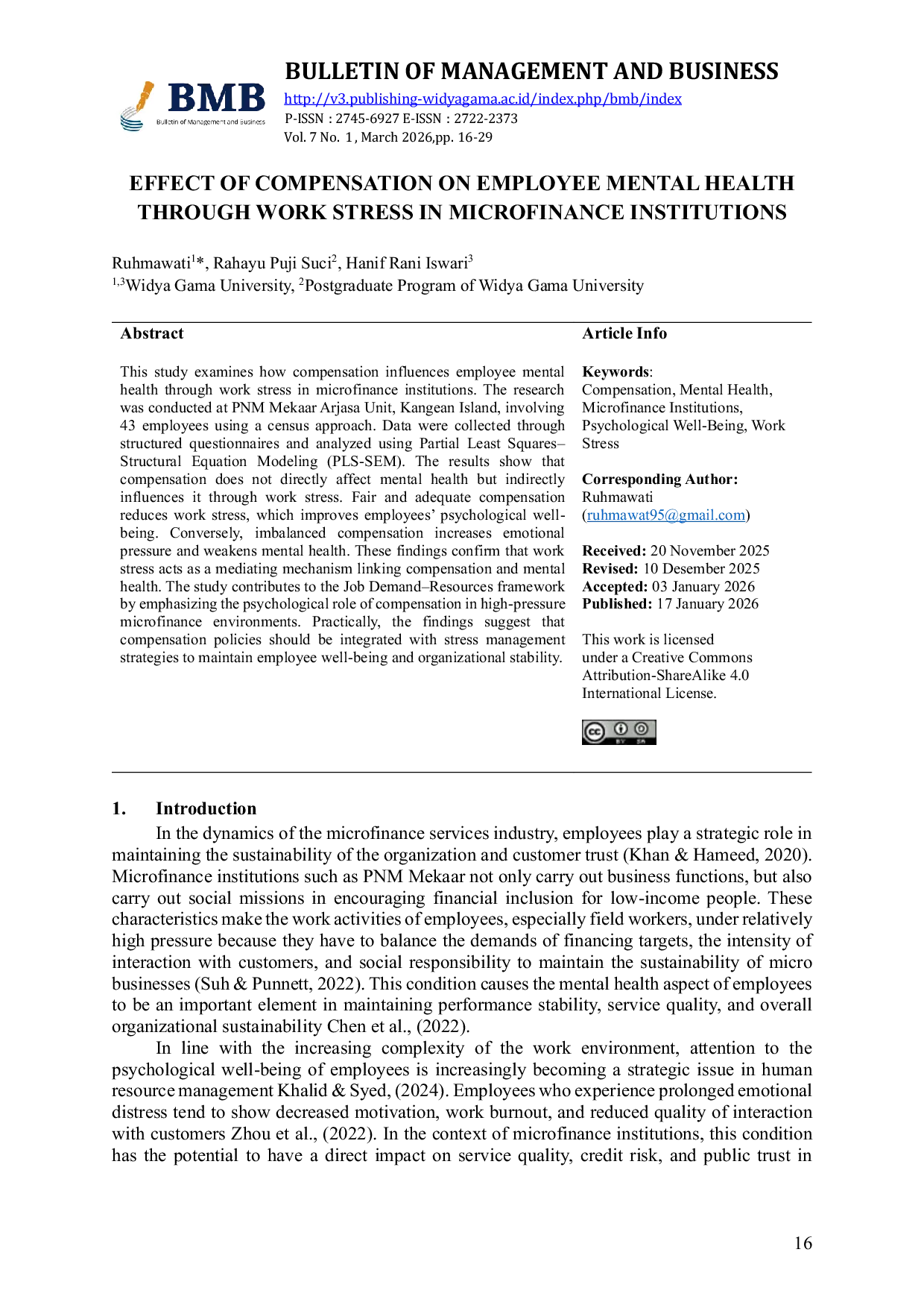 JURIS Effect Of Compensation On Employee Mental Health Through Work Stress In Microfinance Institutions