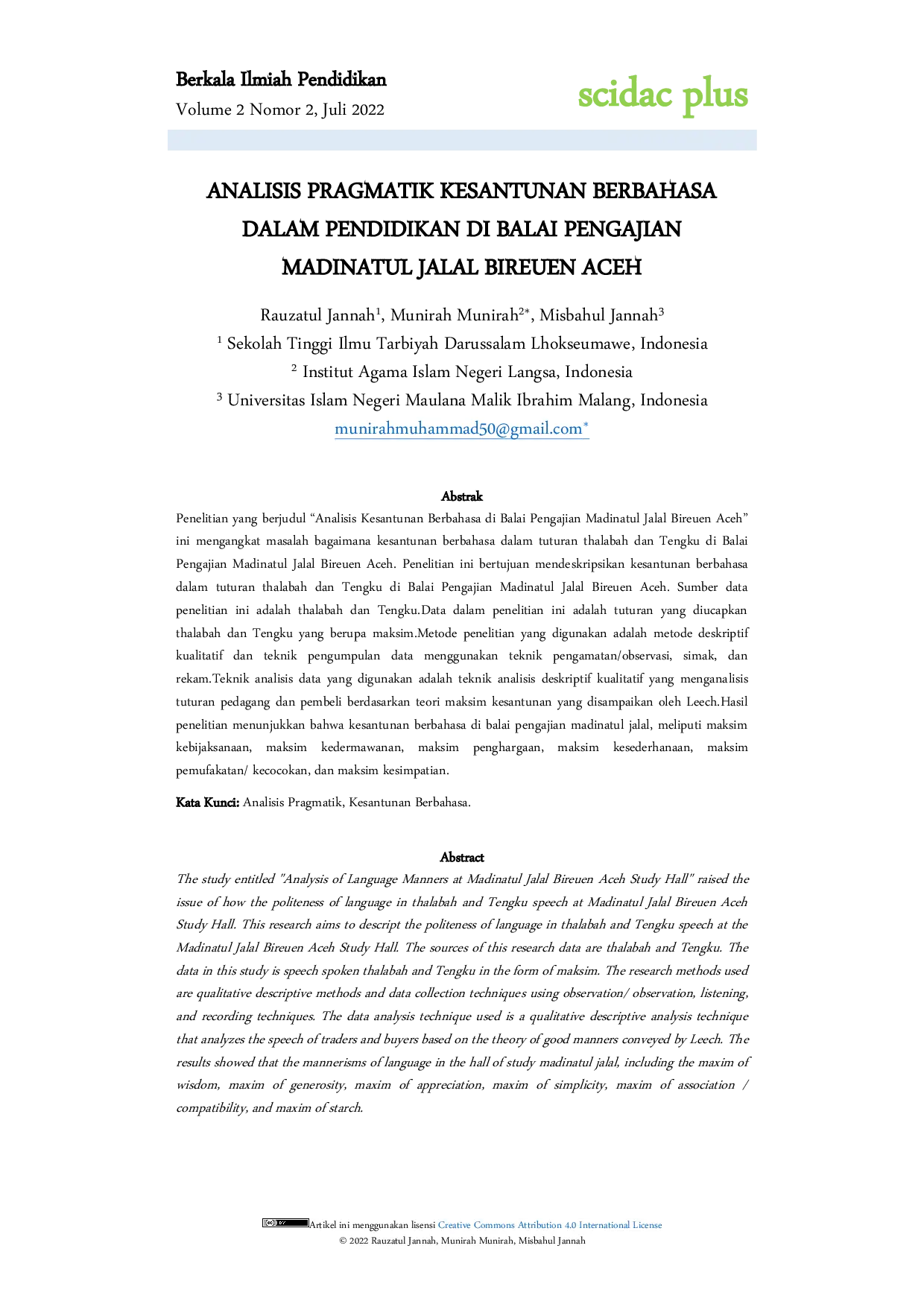 JURIS Analisis Pragmatik Kesantunan Berbahasa di Balai Pengajian Madinatul Jalal Bireuen Aceh