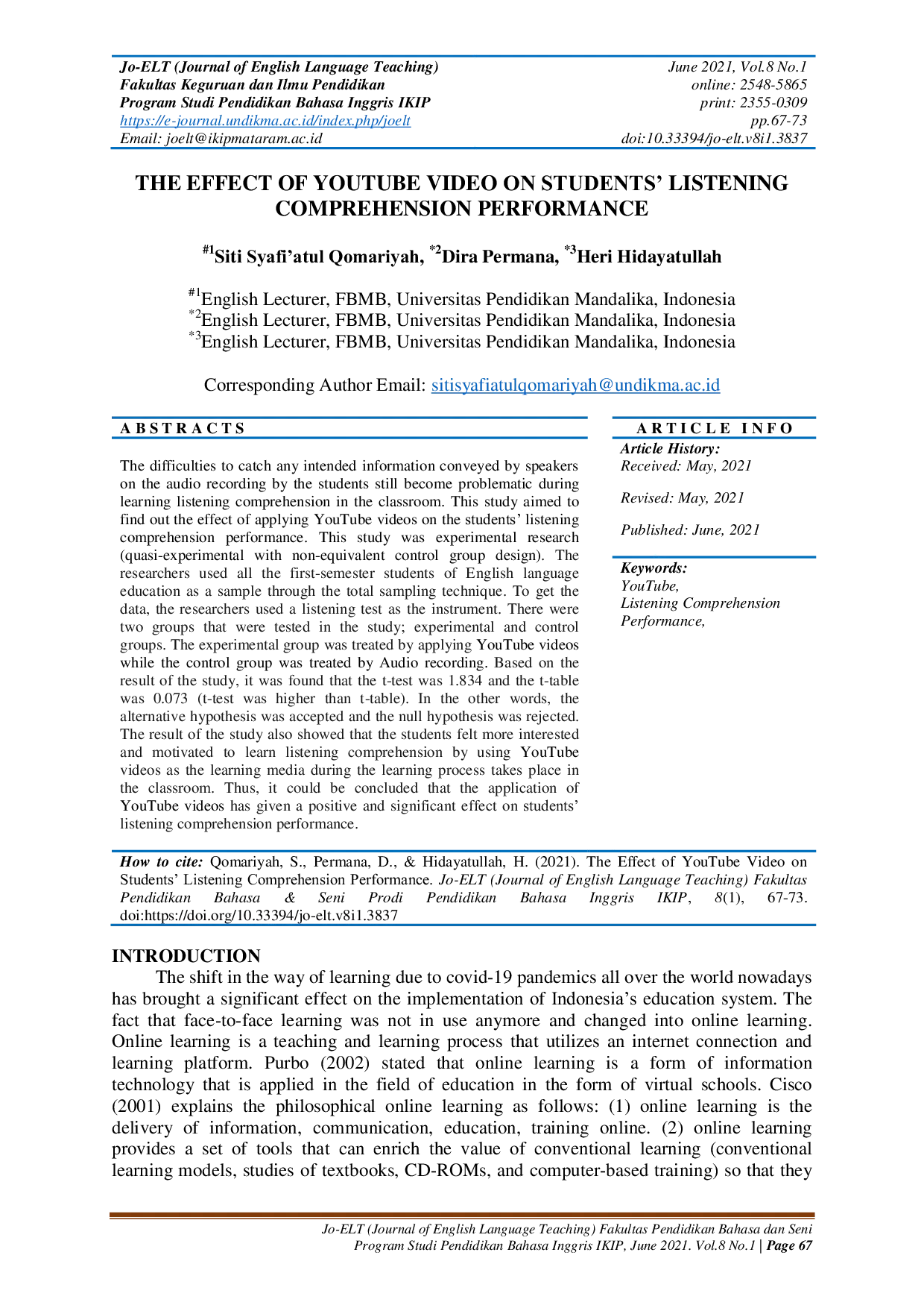 JURIS The Effect of YouTube Video on Students Listening Comprehension Performance