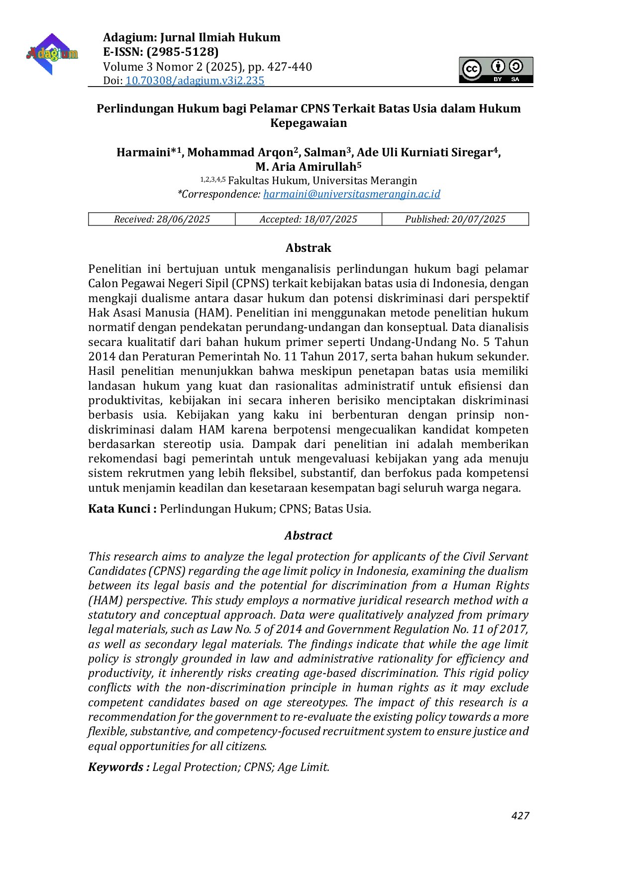 JURIS Legal Protection for Civil Servant Applicants Regarding Age Limits in Employment Law