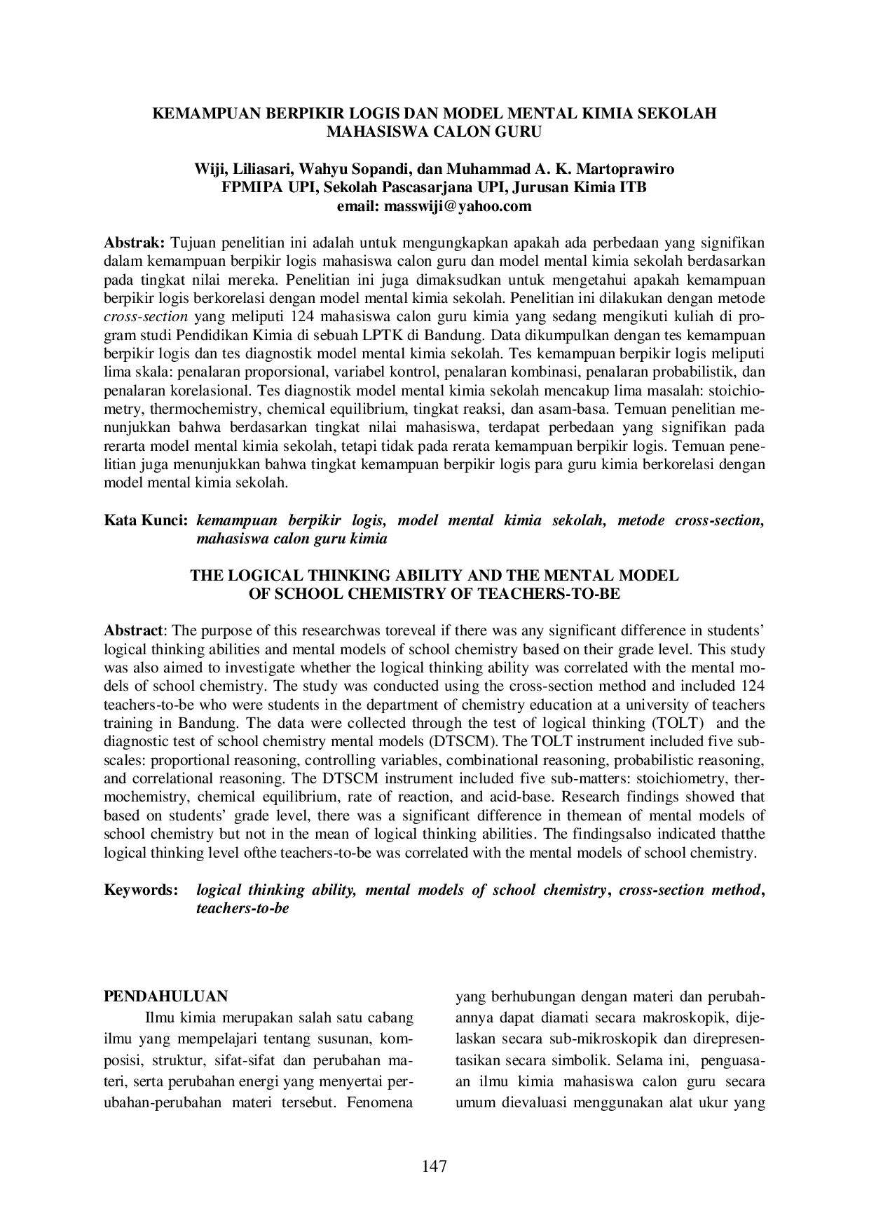 juris Kemampuan Berpikir Logis dan Model Mental Kimia Sekolah Mahasiswa Calon Guru