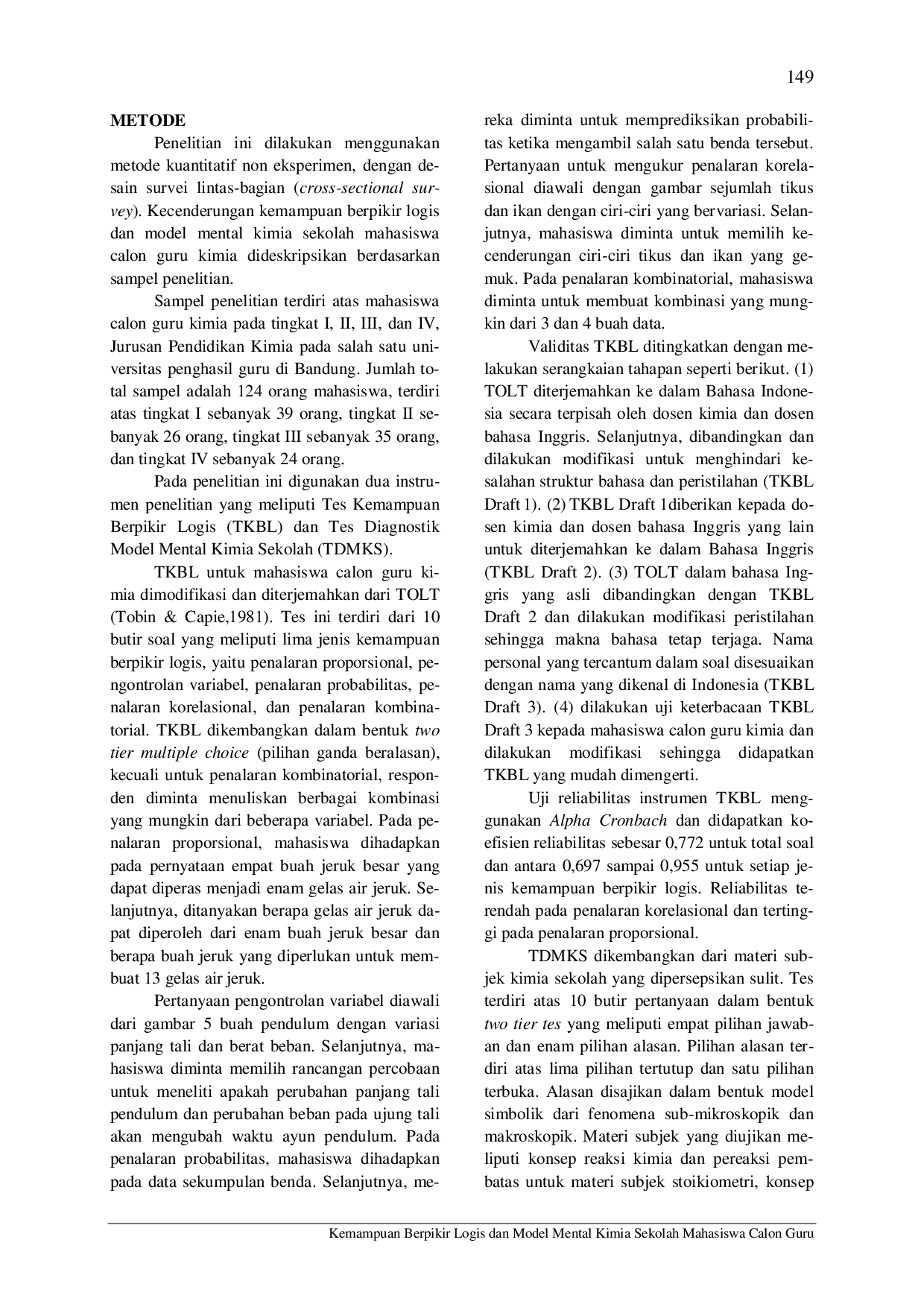 juris Kemampuan Berpikir Logis dan Model Mental Kimia Sekolah Mahasiswa Calon Guru