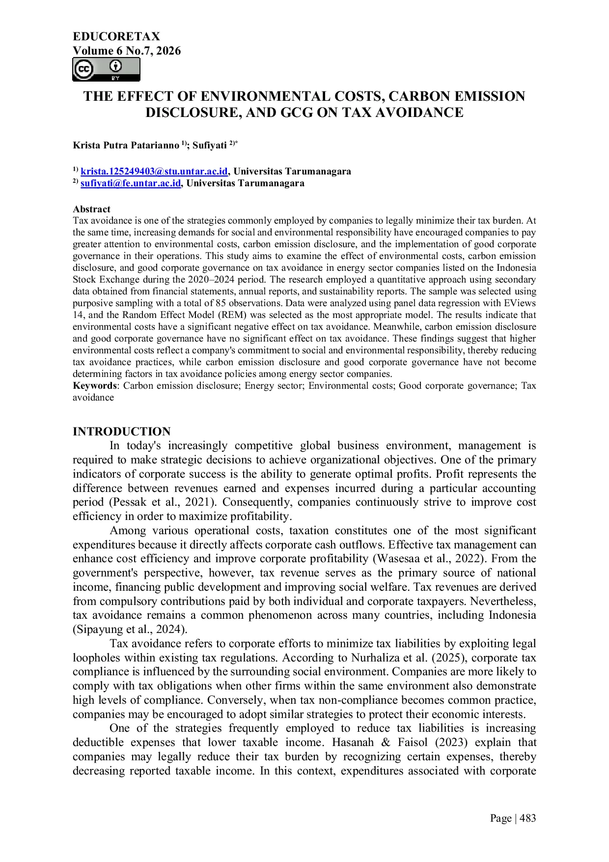JURIS The effect of environmental costs carbon emission disclosure and GCG on tax avoidance