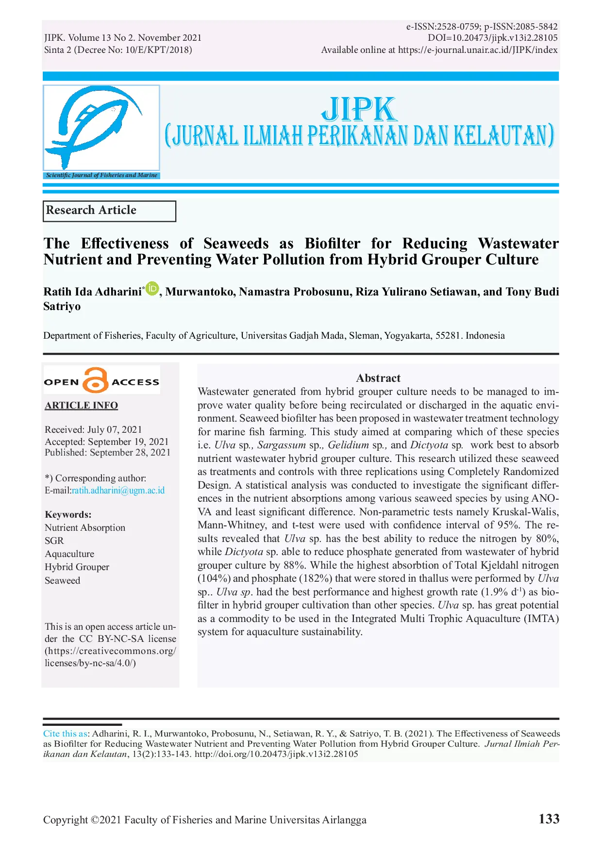 JURIS The Effectiveness of Seaweeds as Biofilter for Reducing Wastewater Nutrient and Preventing Water Pollution from Hybrid Grouper Culture