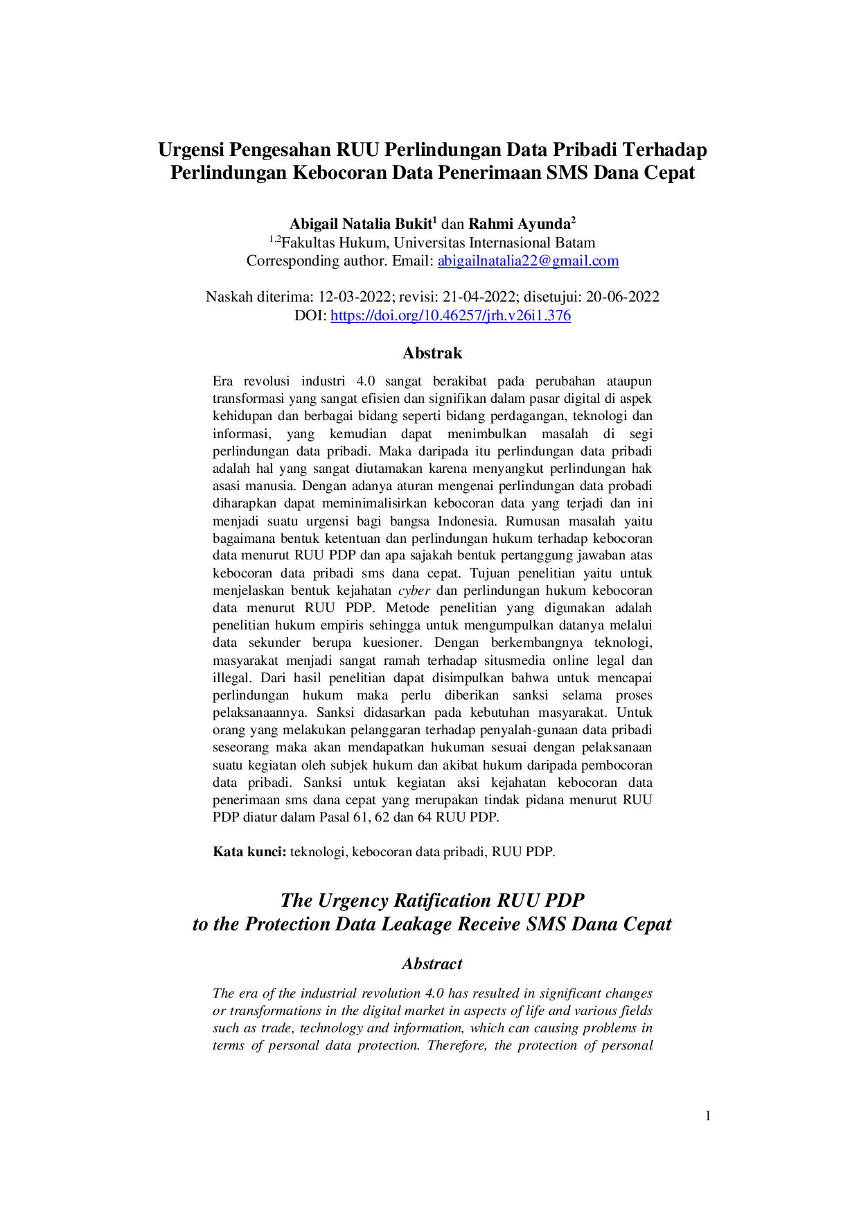 juris Urgensi Pengesahan RUU Perlindungan Data Pribadi Terhadap Perlindungan Kebocoran Data Penerimaan SMS Dana Cepat The Urgency Ratification RUU PDP to the Protection Data Leakage Receive SMS Dana Cepat