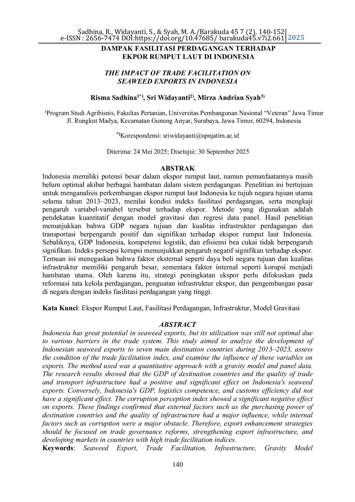 JURIS The Impact Of Trade Facilitation On Seaweed Exports In Indonesia