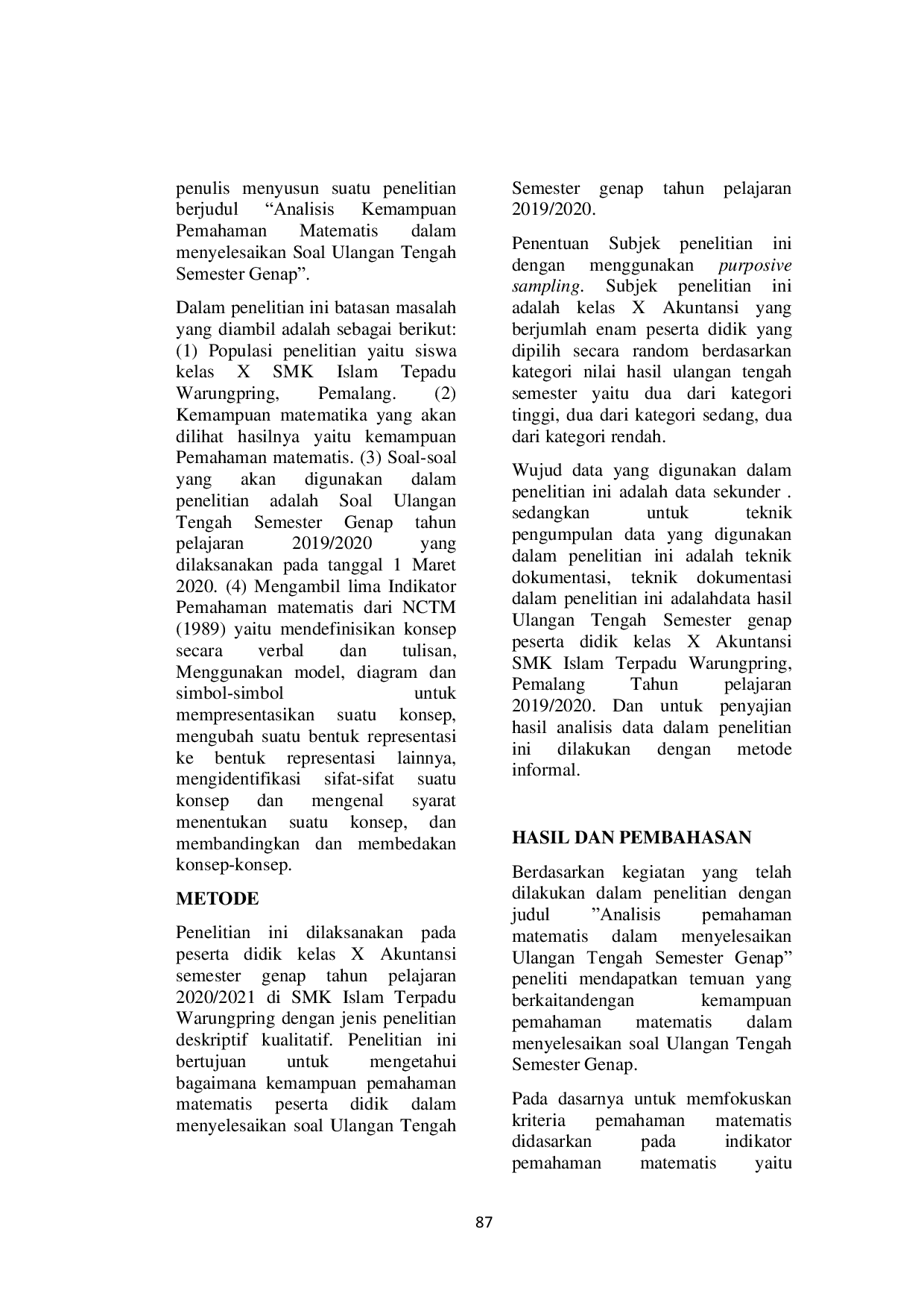 JURIS Analisis Kemampuan Pemahaman Matematis Dalam Menyelesaikan Soal Ulangan Tengah Semester Genap