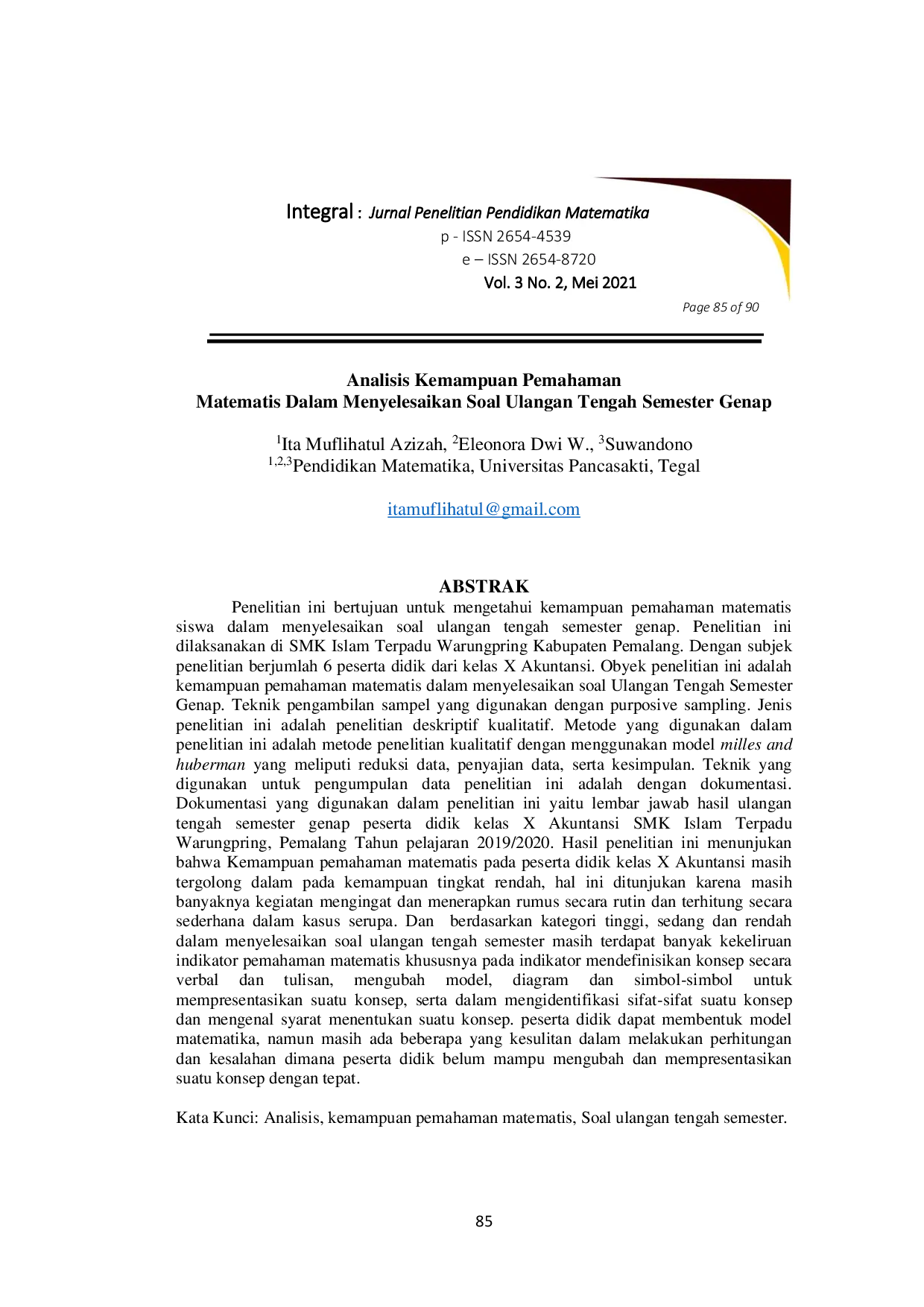 JURIS Analisis Kemampuan Pemahaman Matematis Dalam Menyelesaikan Soal Ulangan Tengah Semester Genap