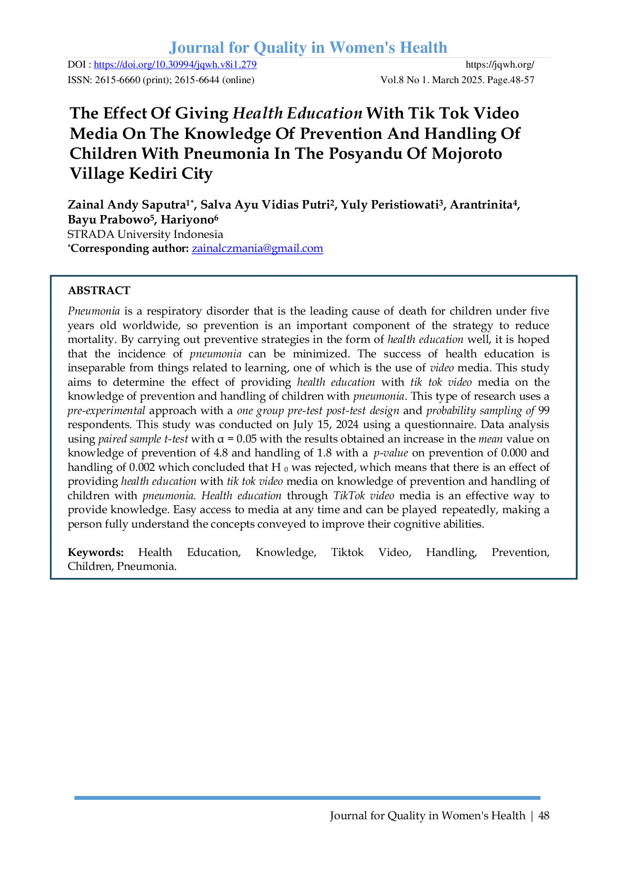 JURIS The Effect Of Giving Health Education With Tik Tok Video Media On The Knowledge Of Prevention And Handling Of Children With Pneumonia In The Posyandu Of Mojoroto Village Kediri City