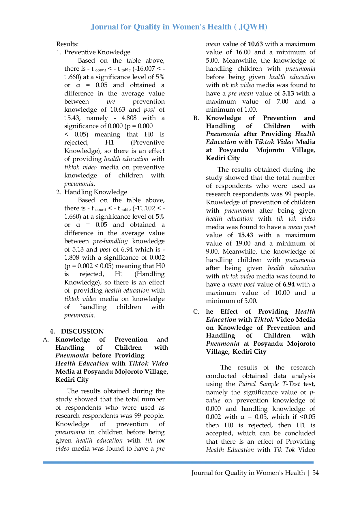 JURIS The Effect Of Giving Health Education With Tik Tok Video Media On The Knowledge Of Prevention And Handling Of Children With Pneumonia In The Posyandu Of Mojoroto Village Kediri City