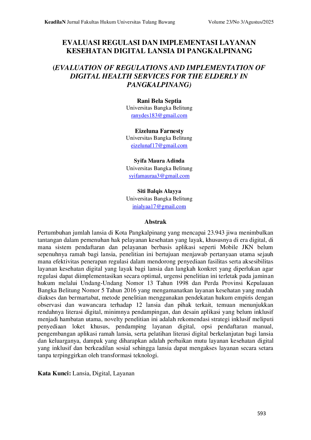 JURIS Evaluasi Regulasi dan Implementasi Layanan Kesehatan Digital Lansia di Pangkalpinang