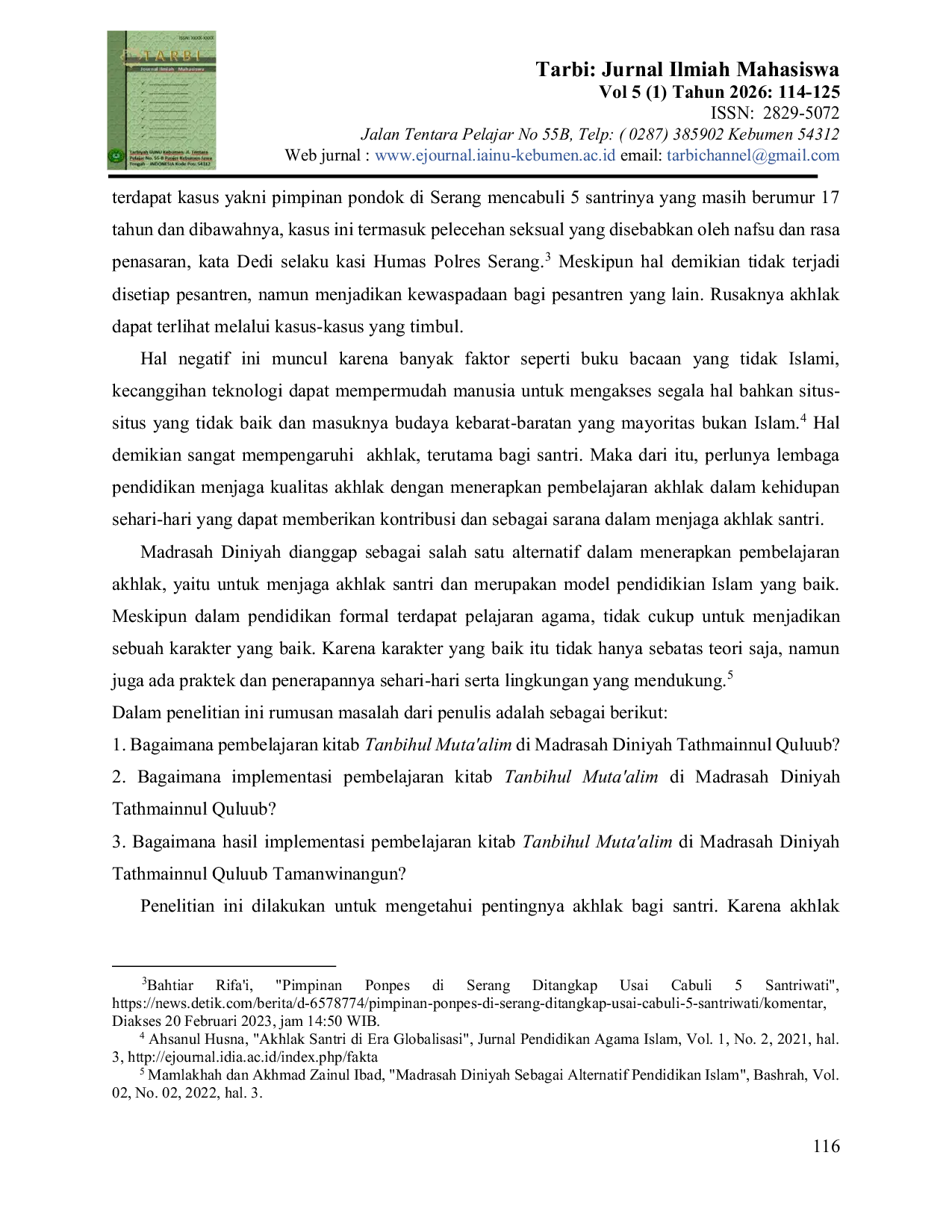 JURIS Implementasi Pembelajaran Kitab Tanbihul Muta alim Karya Imam Akhmad Maisur Sindi At Tursidi di Madrasah Diniyah Tathmainnul Quluub Tamanwinangun