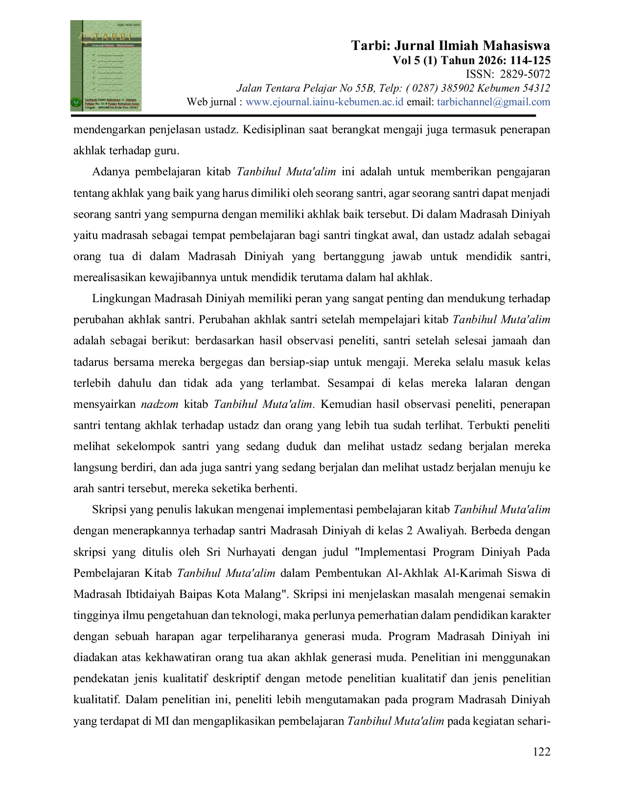 JURIS Implementasi Pembelajaran Kitab Tanbihul Muta alim Karya Imam Akhmad Maisur Sindi At Tursidi di Madrasah Diniyah Tathmainnul Quluub Tamanwinangun