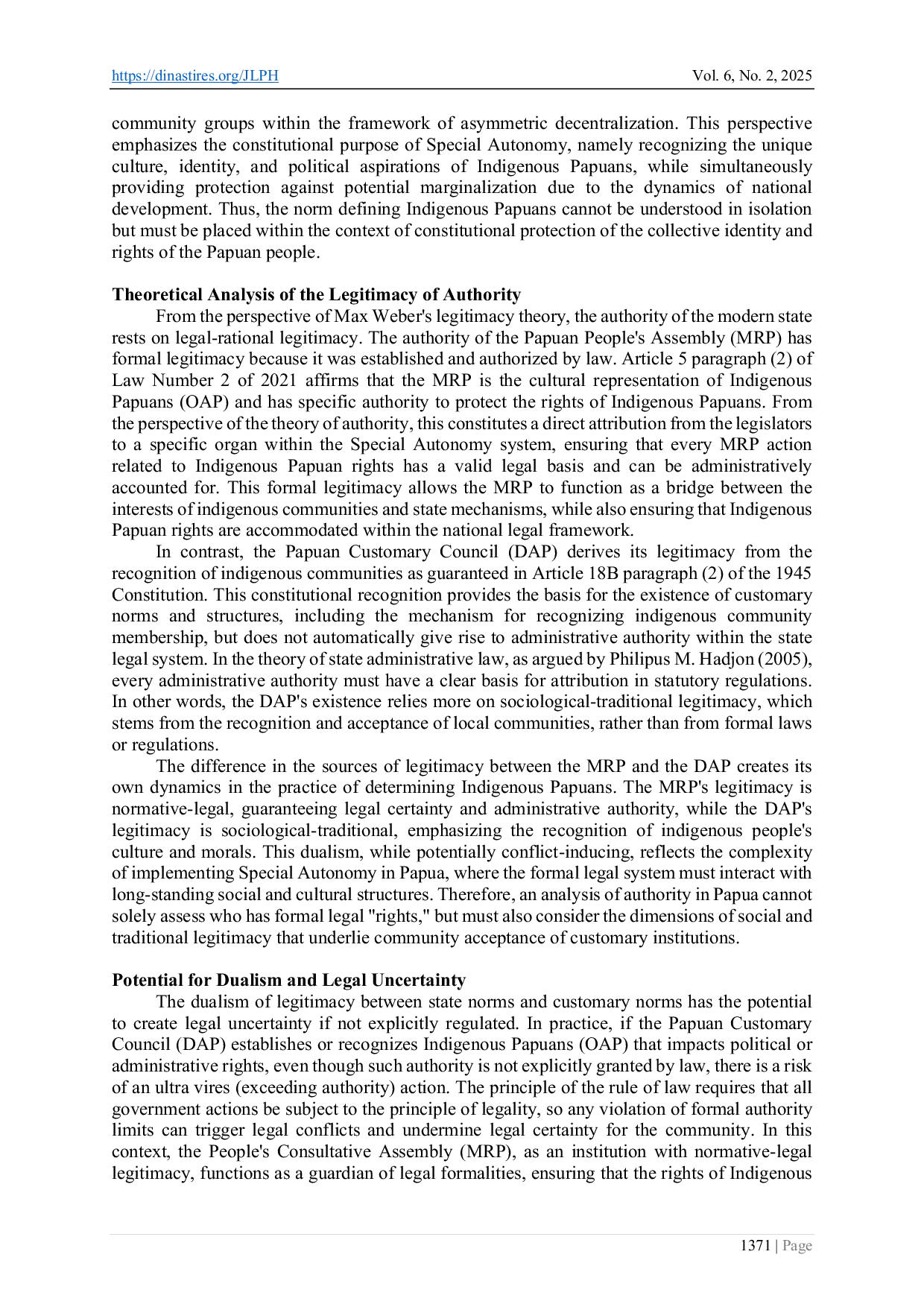 JURIS Legitimacy of Determination of Indigenous Papuan People Between The Papuan People s Assembly and The Papua Customary Council