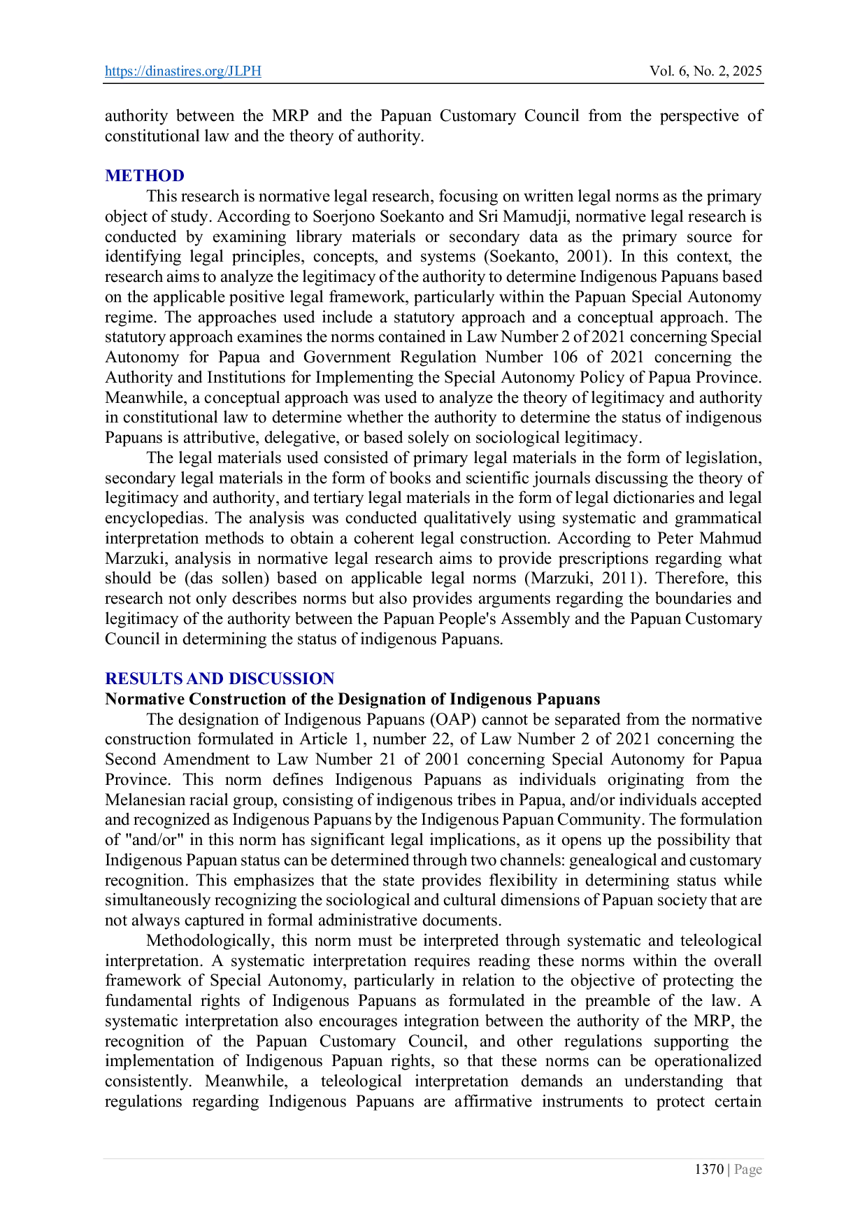 JURIS Legitimacy of Determination of Indigenous Papuan People Between The Papuan People s Assembly and The Papua Customary Council