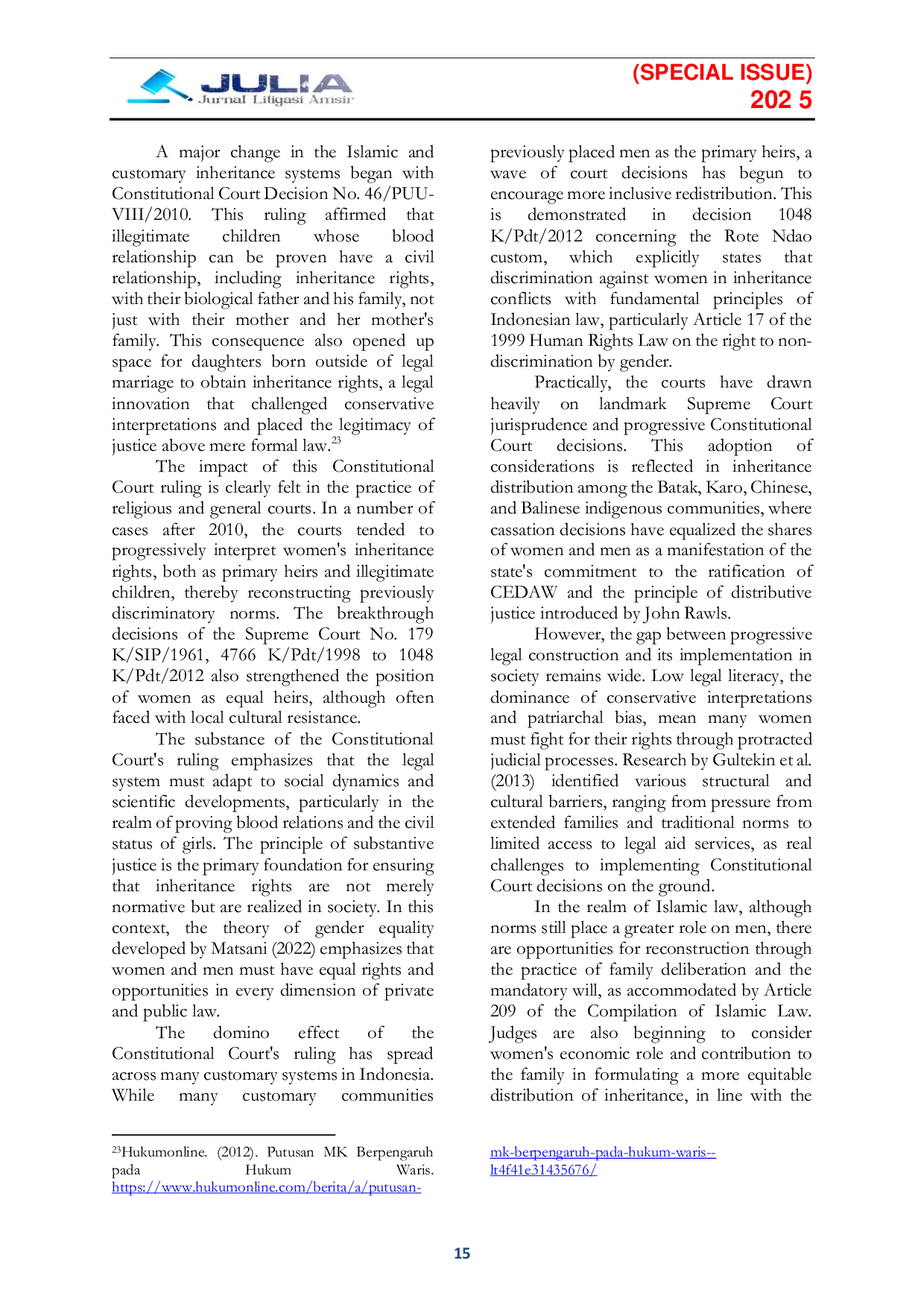 JURIS Contextualization of the Constitutional Court s Decision on Women s Inheritance Rights in Customary and Islamic Marriages