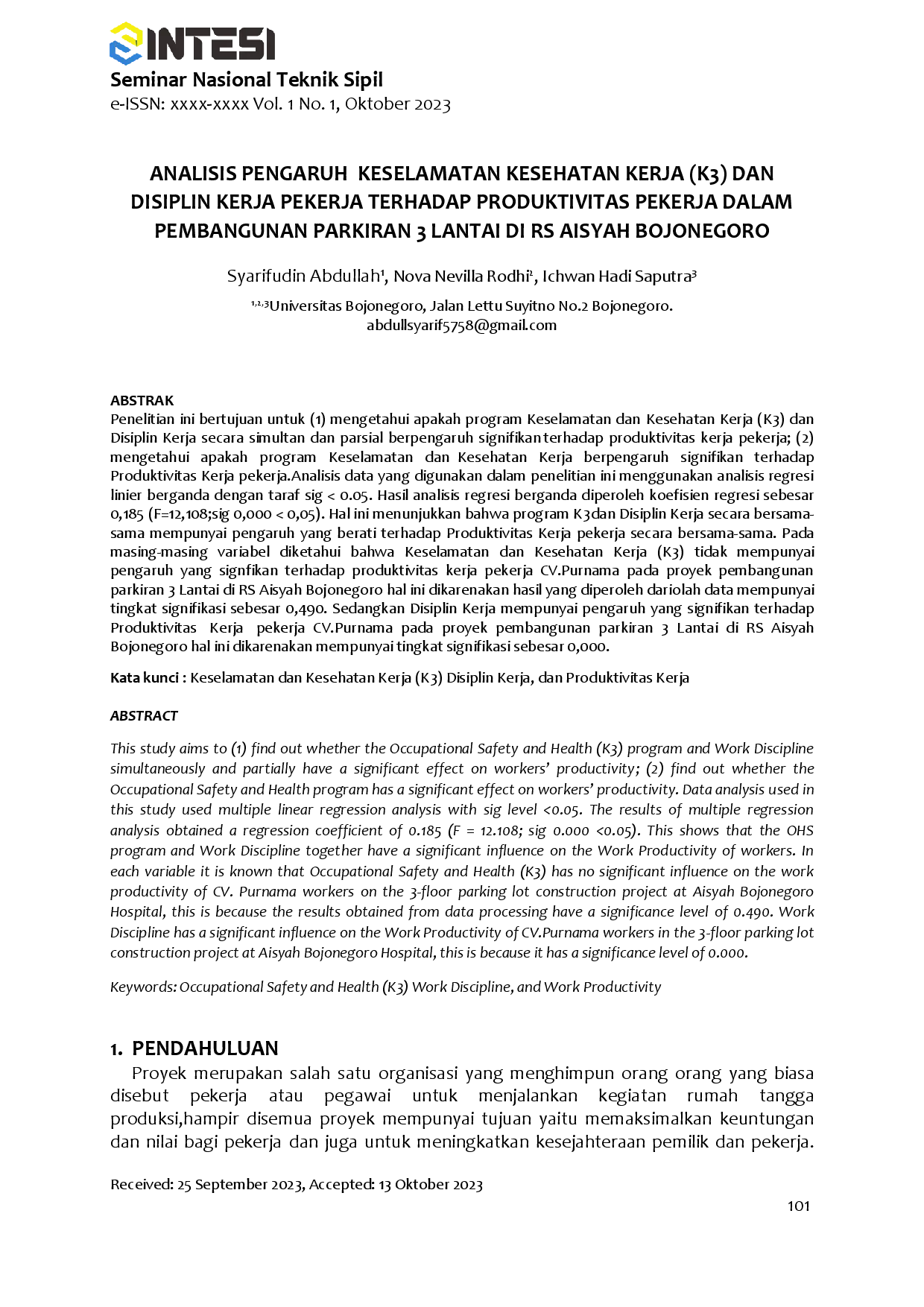 juris Analisis Pengaruh Keselamatan Kesehatan Kerja K3 Dan Disiplin Kerja Pekerja Terhadap Produktivitas Pekerja Dalam Pembangunan Parkiran 3 Lantai Di RS Aisyah Bojonegoro