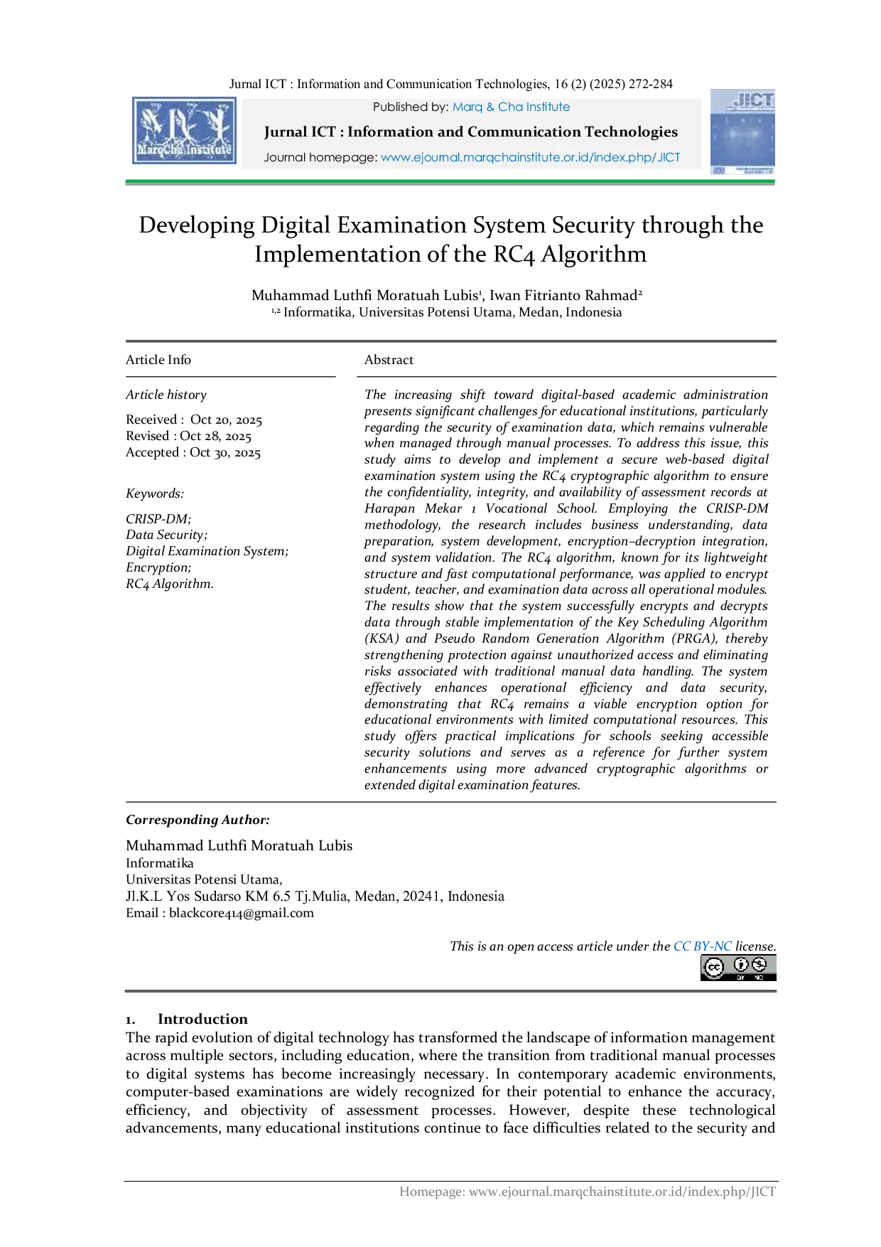 JURIS Developing Digital Examination System Security through the Implementation of the RC4 Algorithm