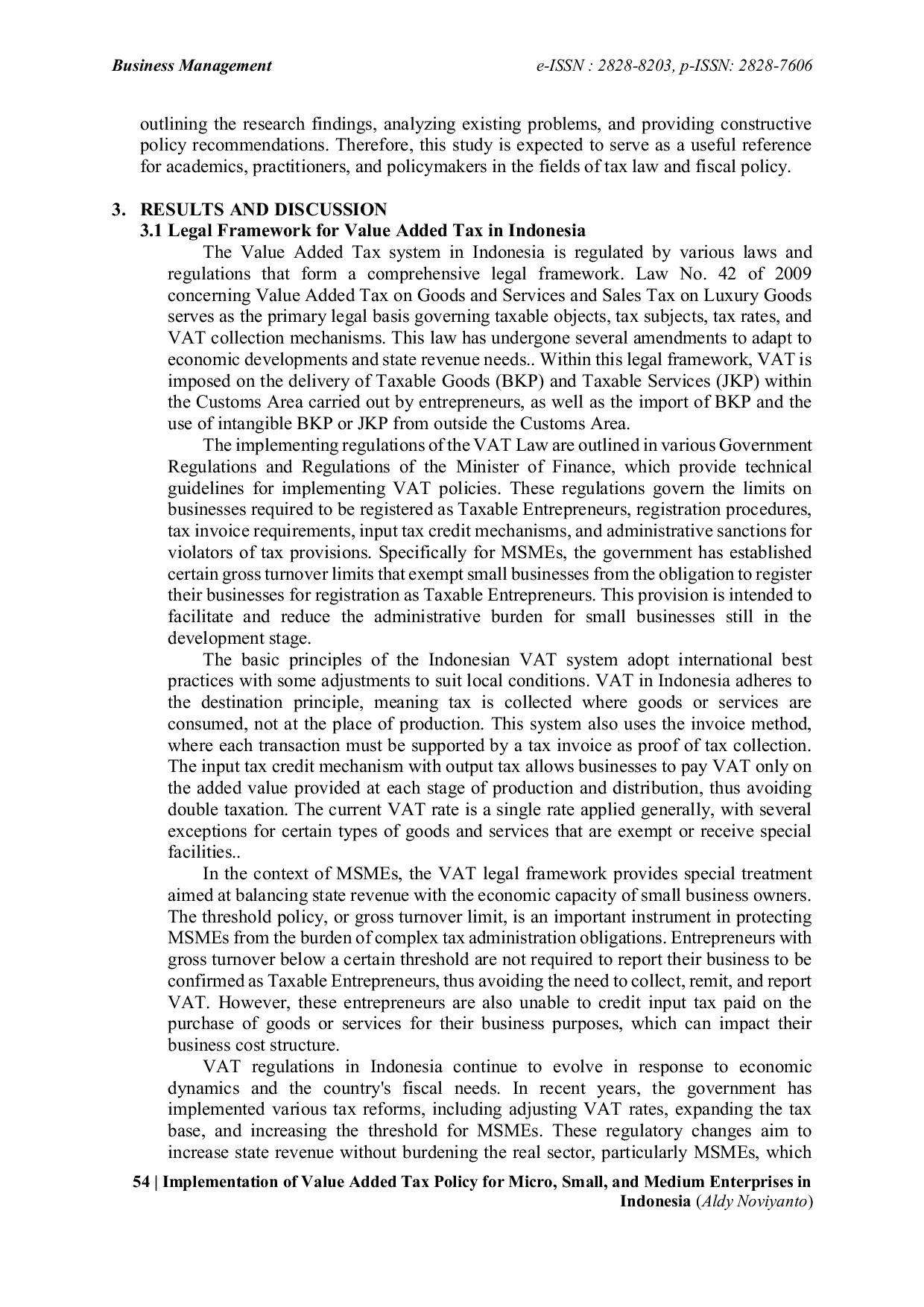 JURIS Implementasi Kebijakan Pajak Pertambahan Nilai PPN untuk Usaha Mikro Kecil dan Menengah di Indonesia